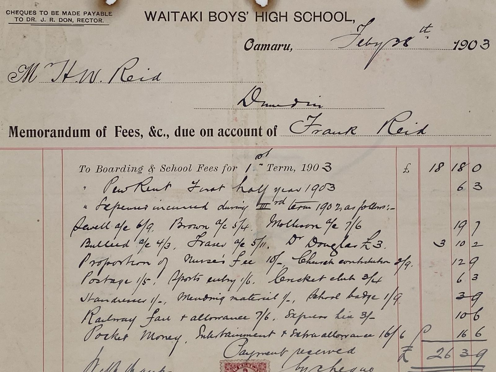 ANTIQUE INVOICE: Waitaki Boys' High School, Oamaru 1903