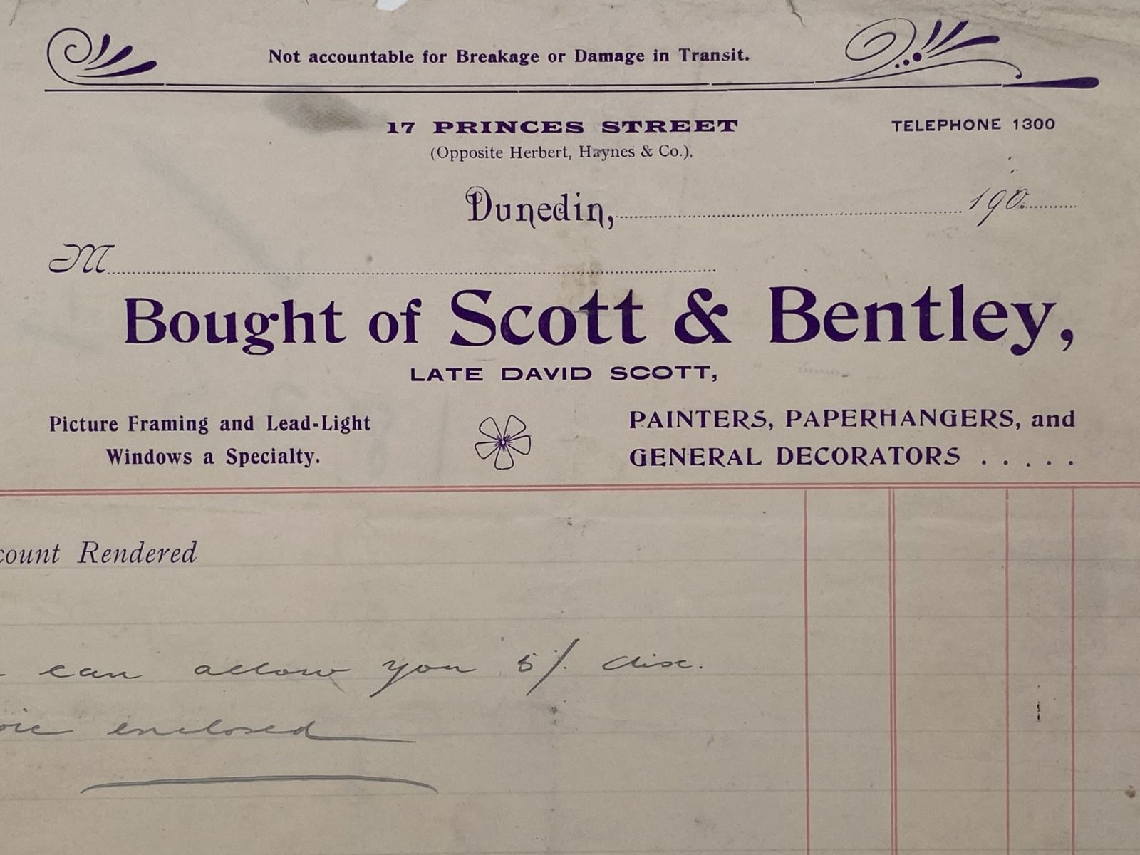 ANTIQUE INVOICE: Scott & Bentley, Dunedin - Painters & Decorators 1900s