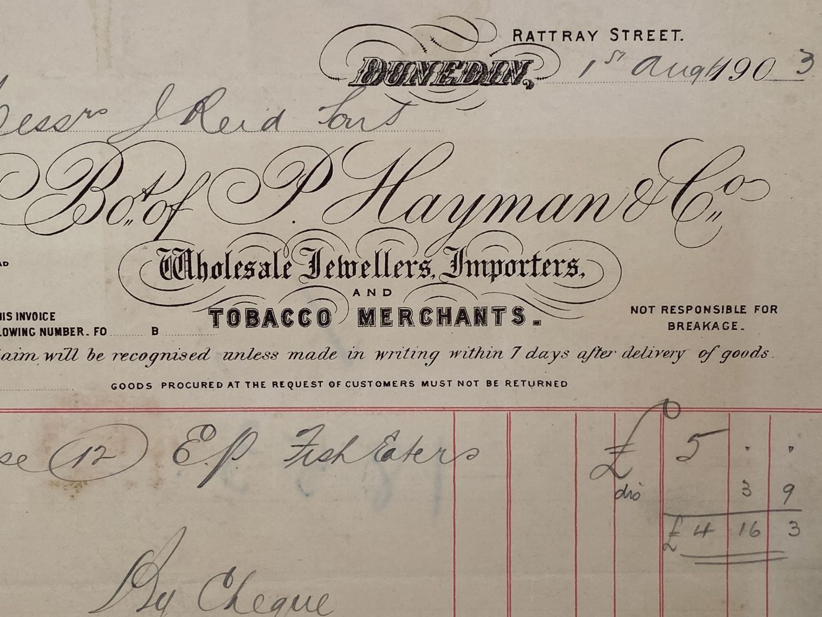 ANTIQUE INVOICE: P. Hayman & Co. Dunedin - Tobacco Merchants 1903