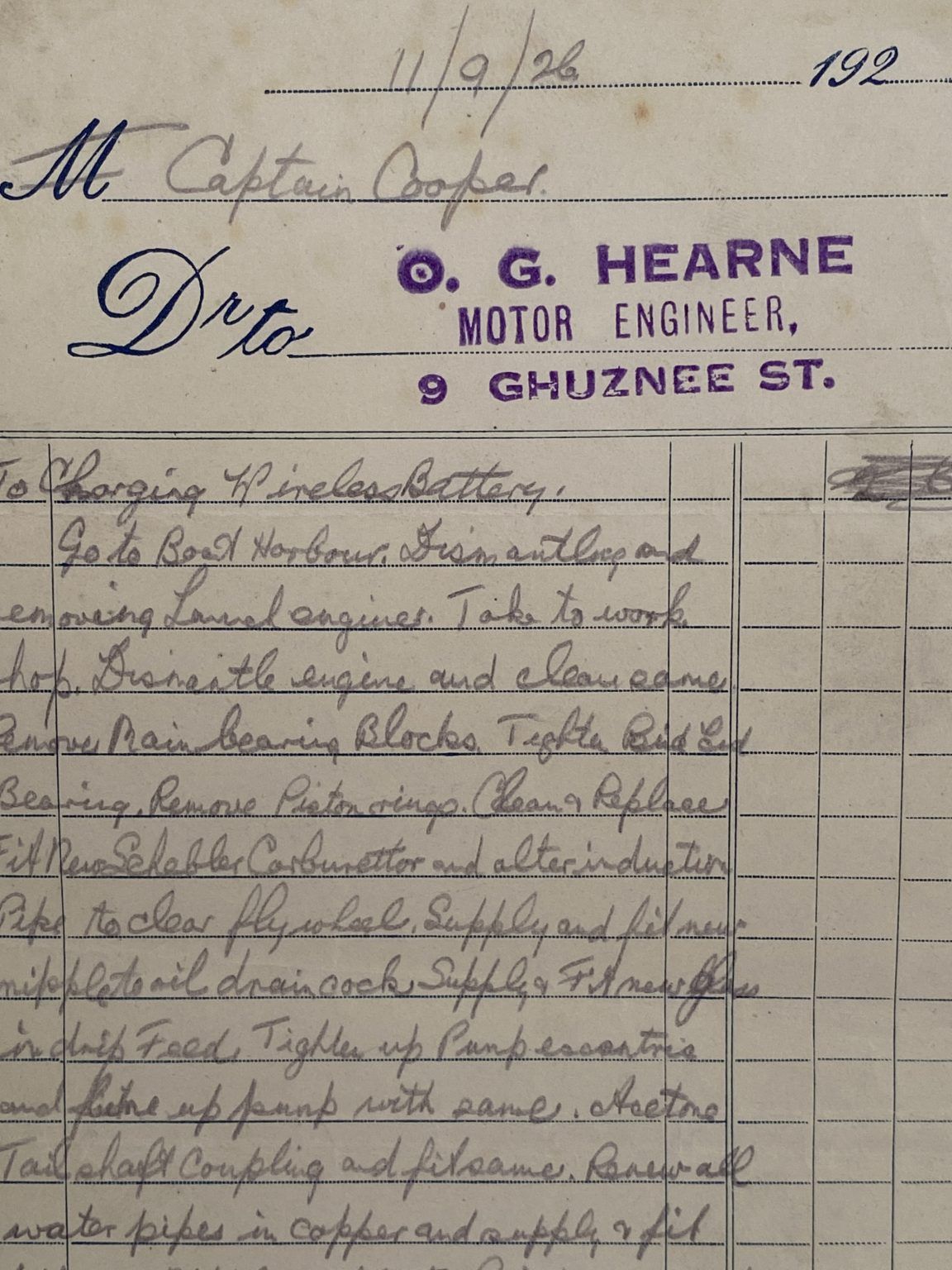 ANTIQUE INVOICE: O.G. Hearne - Motor Engineer 1926