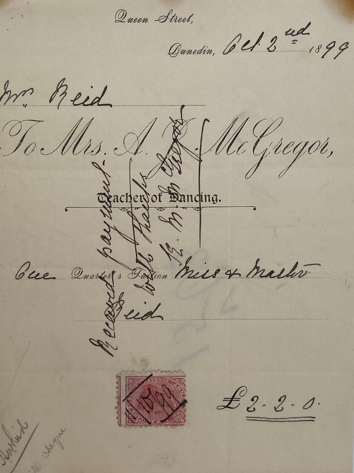 ANTIQUE INVOICE: Mrs. A. McGregor - Teacher of Dancing 1899