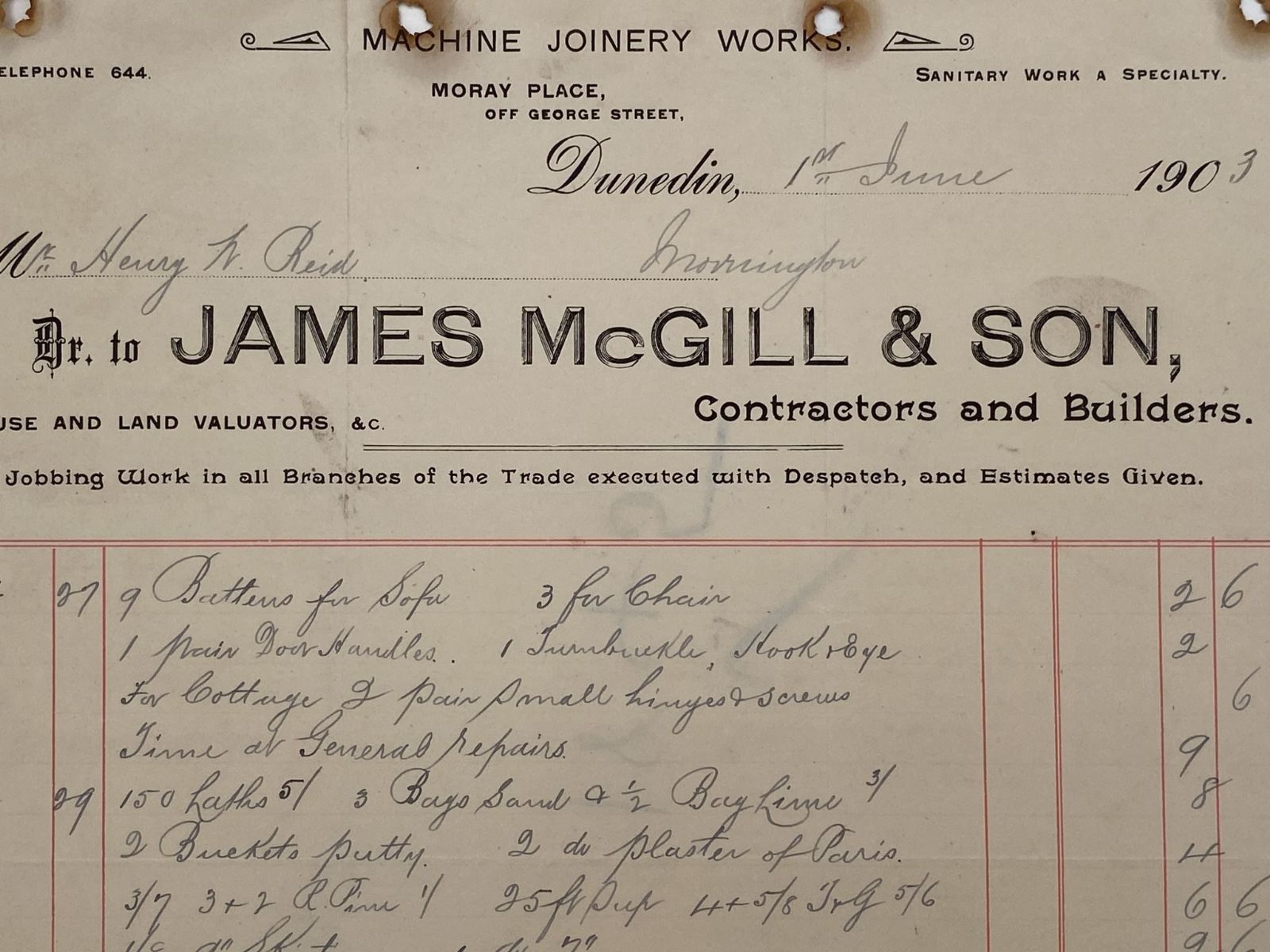 ANTIQUE INVOICE: James McGill & Son - Contractors & Builders 1903