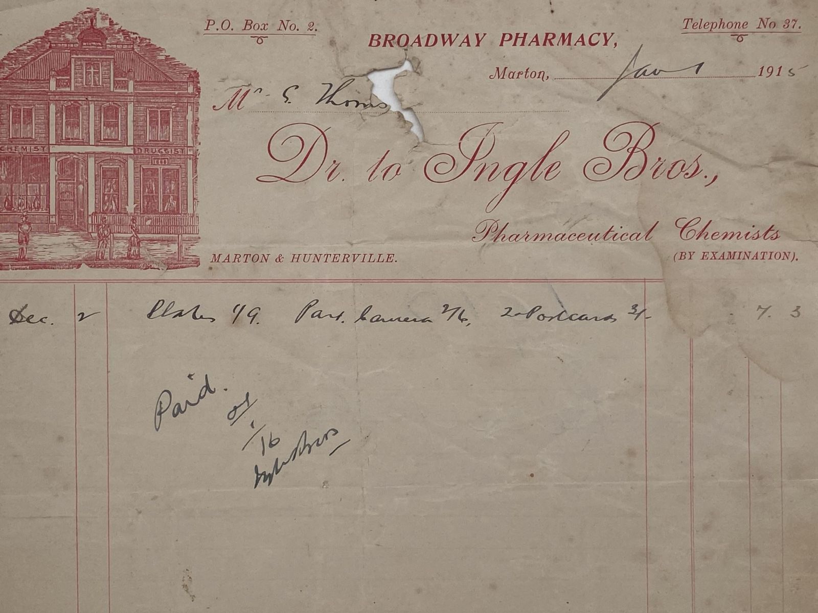 ANTIQUE INVOICE: Ingle Bros. Marton - Broadway Pharmacy 1915