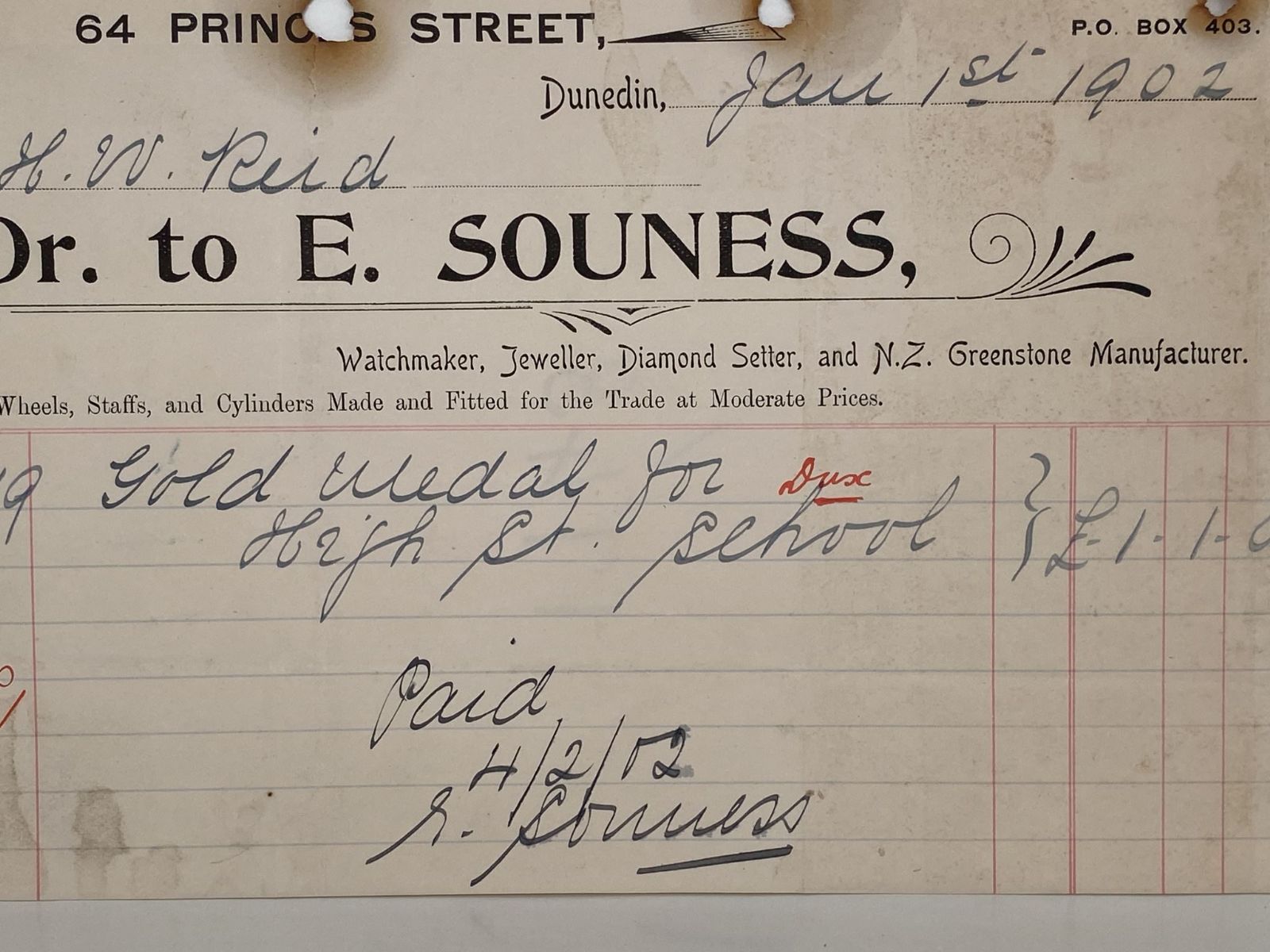 ANTIQUE INVOICE: E. Souness, Dunedin - Watchmaker, Jeweller 1902