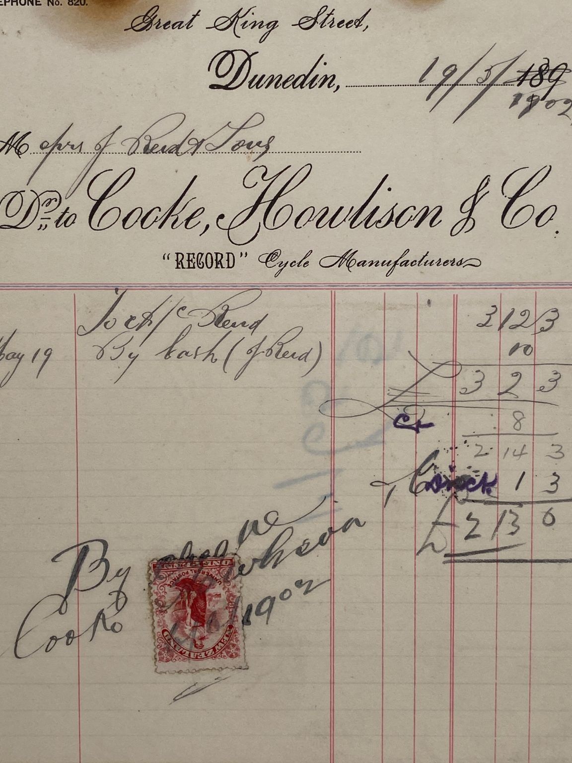 ANTIQUE INVOICE: Cooke, Howlison & Co, Dunedin - Cycles 1902