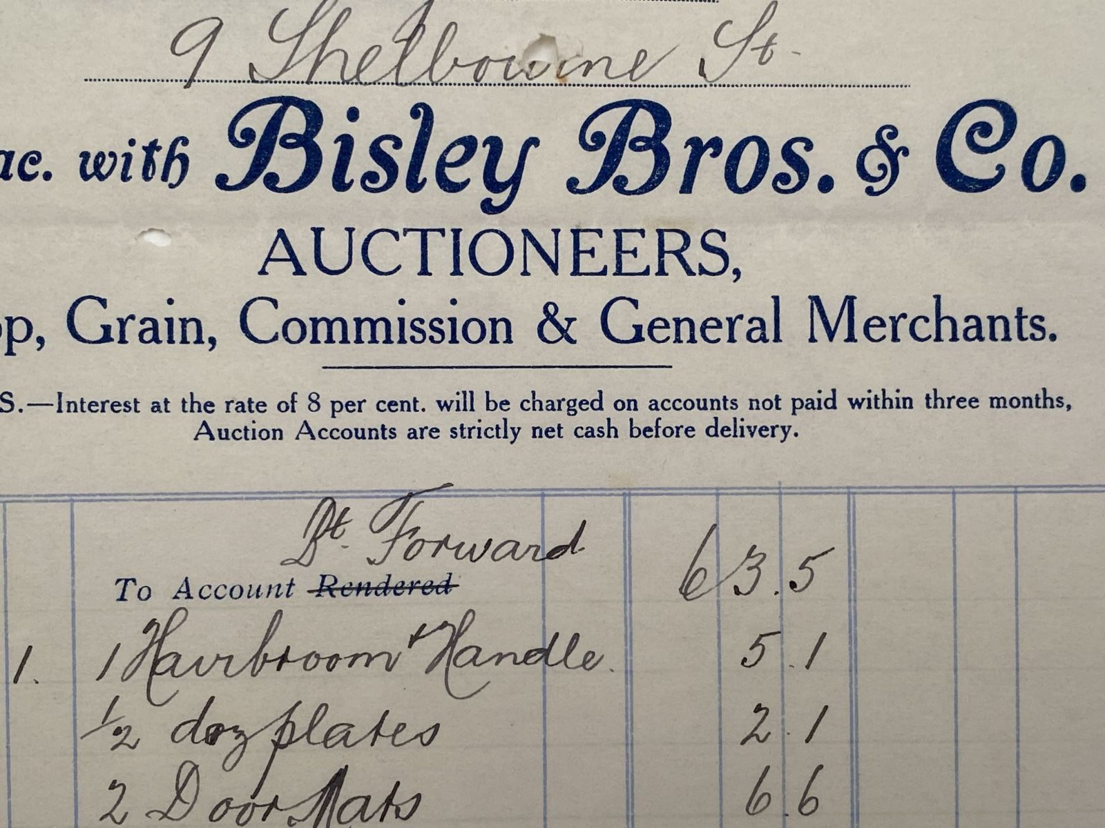 ANTIQUE INVOICE: Bisley Bros & Co, Nelson - Auctioneers 1913