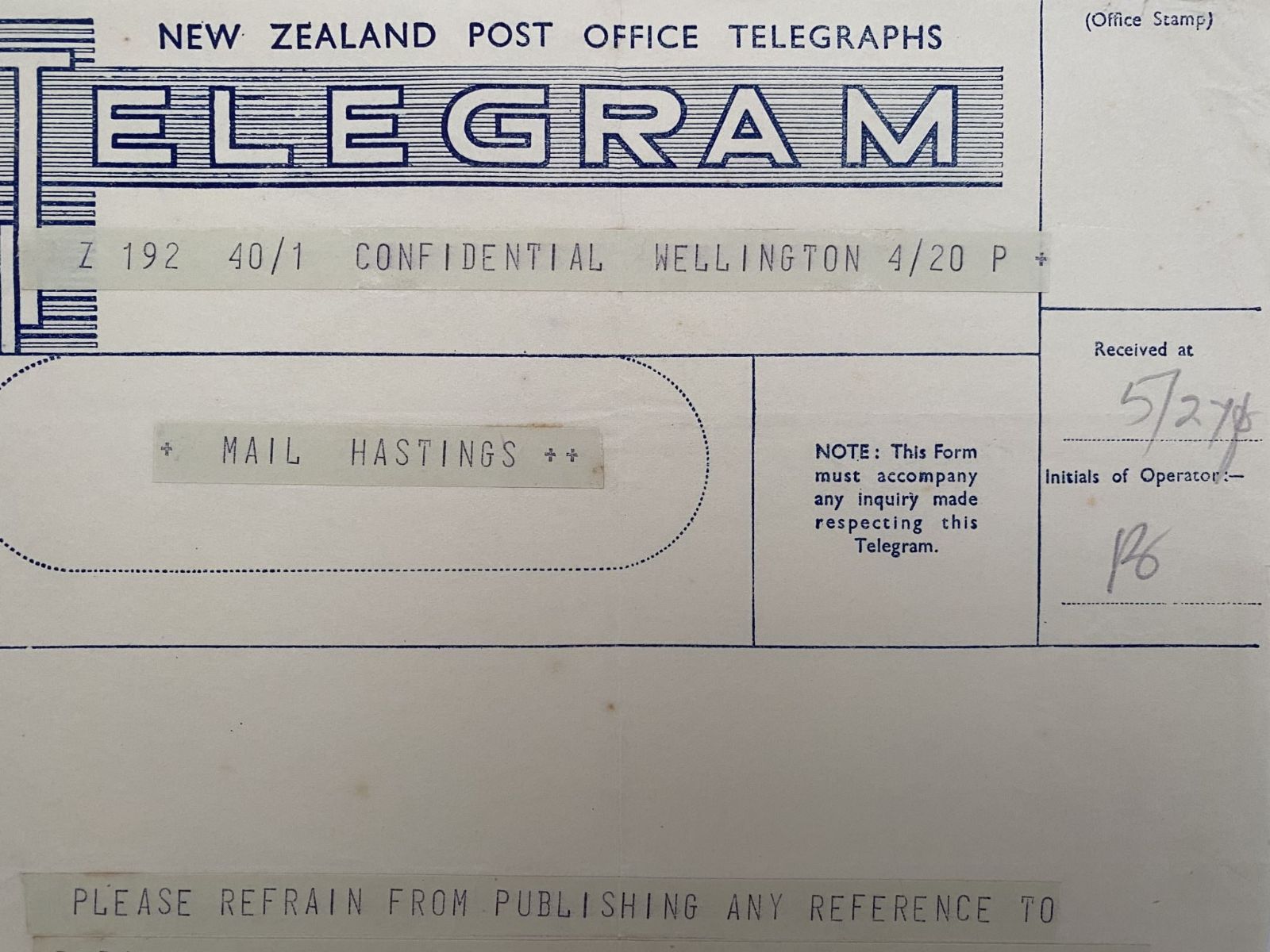 VINTAGE NEW ZEALAND POST OFFICE TELEGRAM