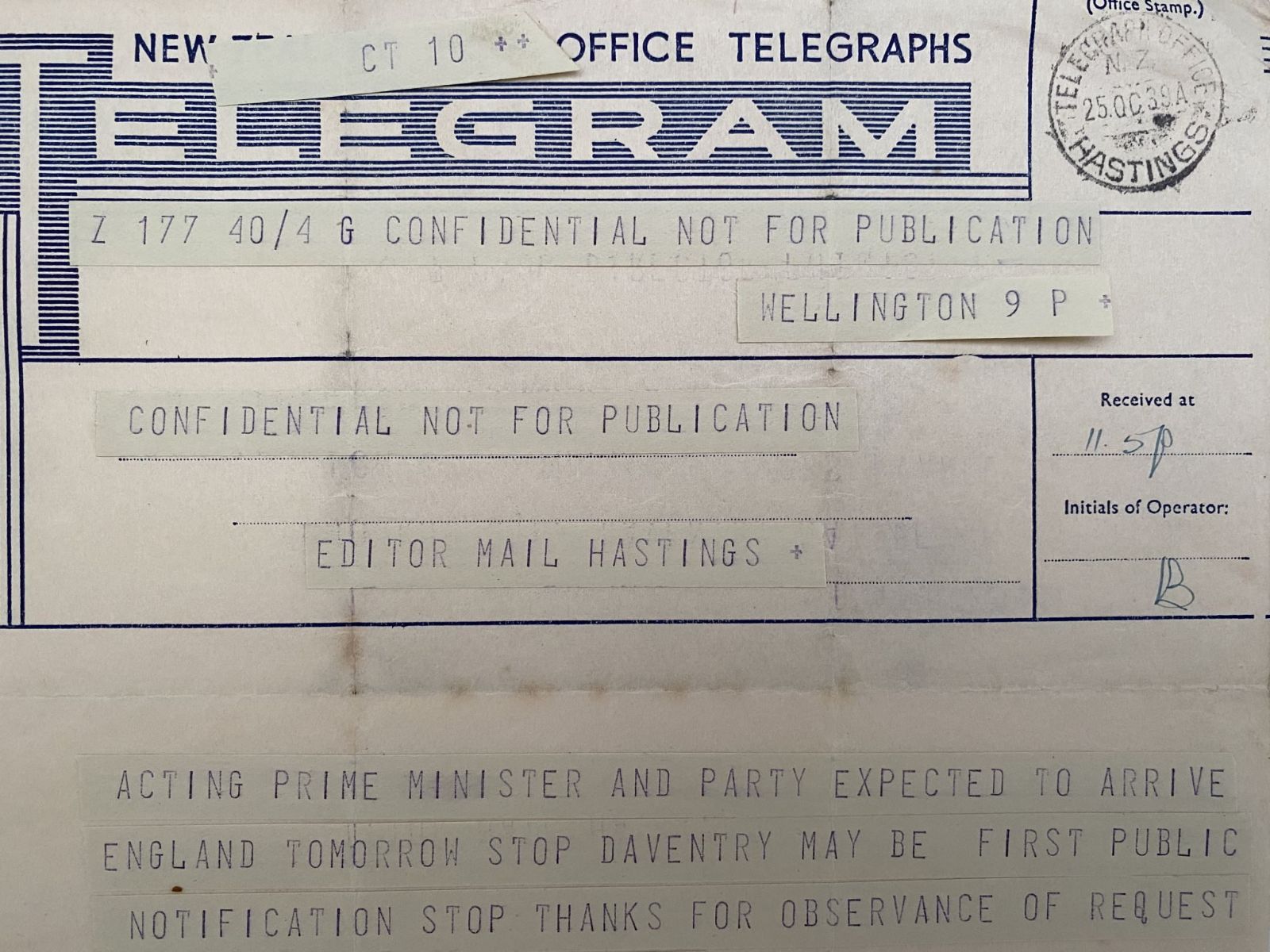 VINTAGE NEW ZEALAND POST OFFICE TELEGRAM - 25 October 1939