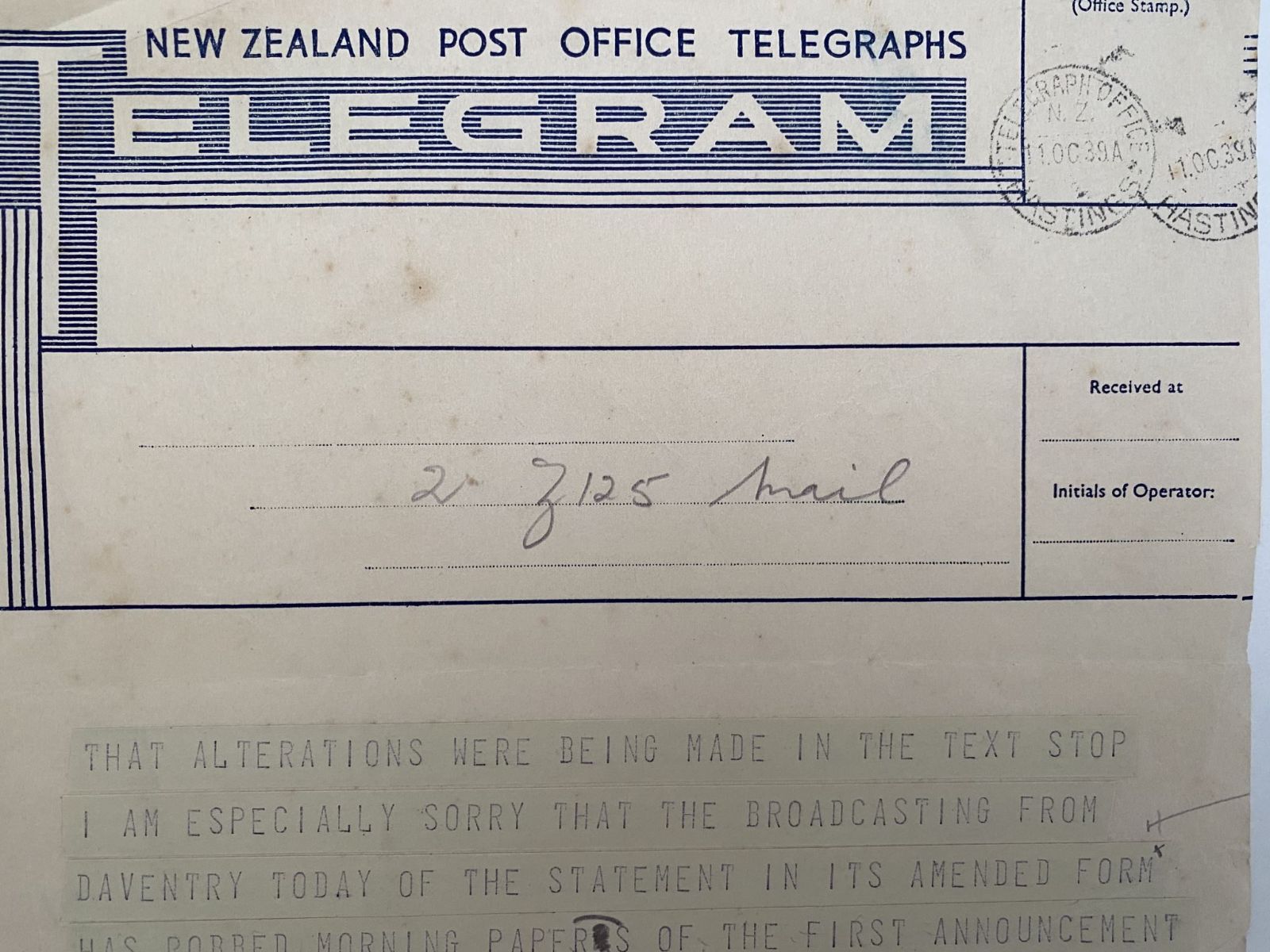 VINTAGE NEW ZEALAND POST OFFICE TELEGRAM - 11 October 1939