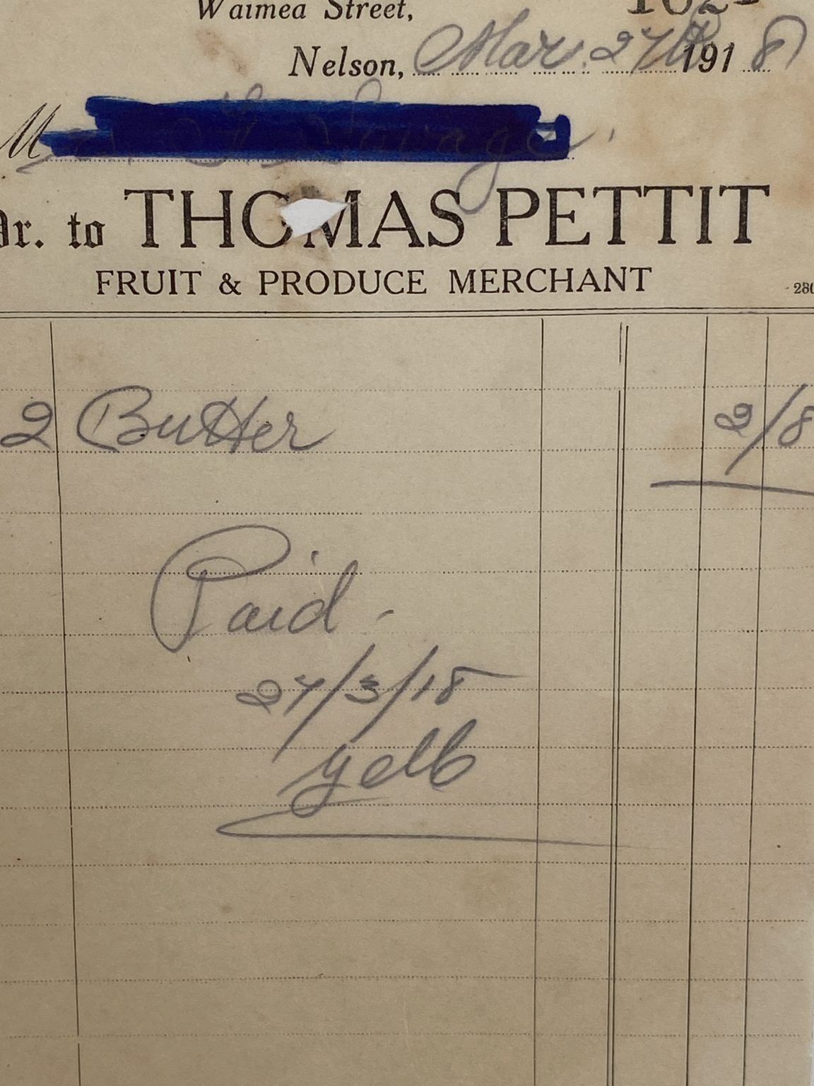 VINTAGE INVOICE: Thomas Pettit, Nelson - Fruit and Produce 1918