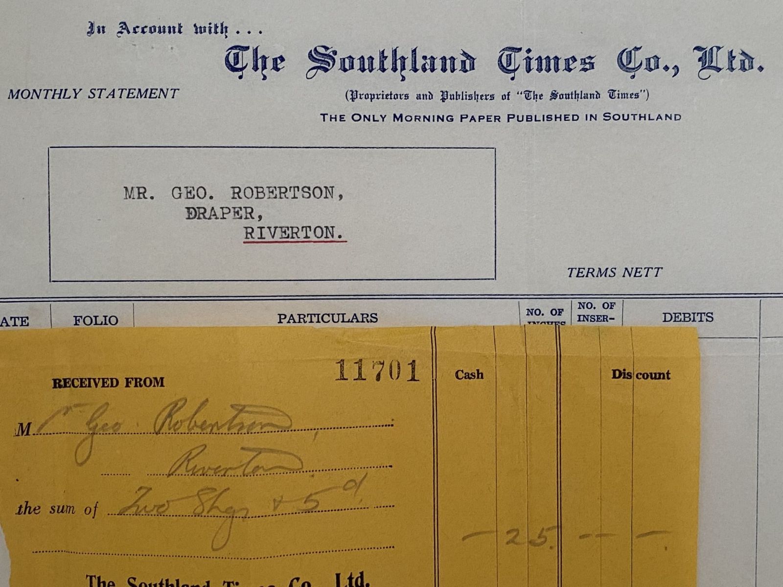 VINTAGE INVOICE: The Southland Times Co. Ltd, Invercargill 1935