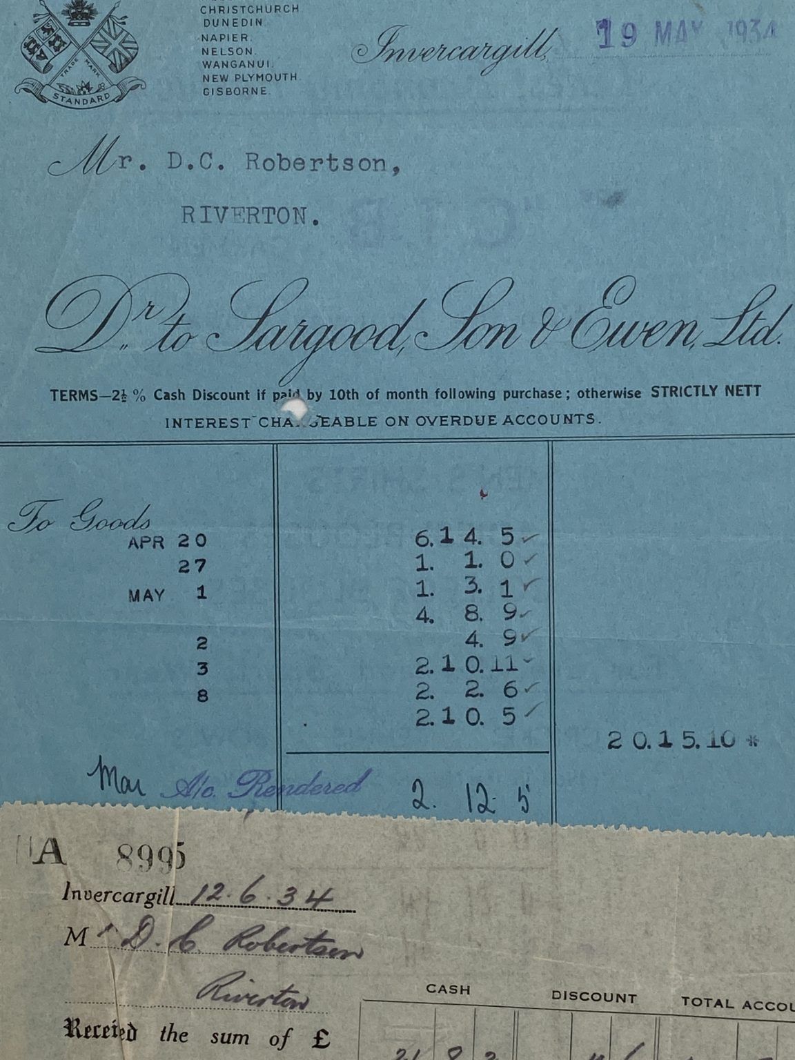 VINTAGE INVOICE: Sargood, Son & Ewen, Invercargill 1934