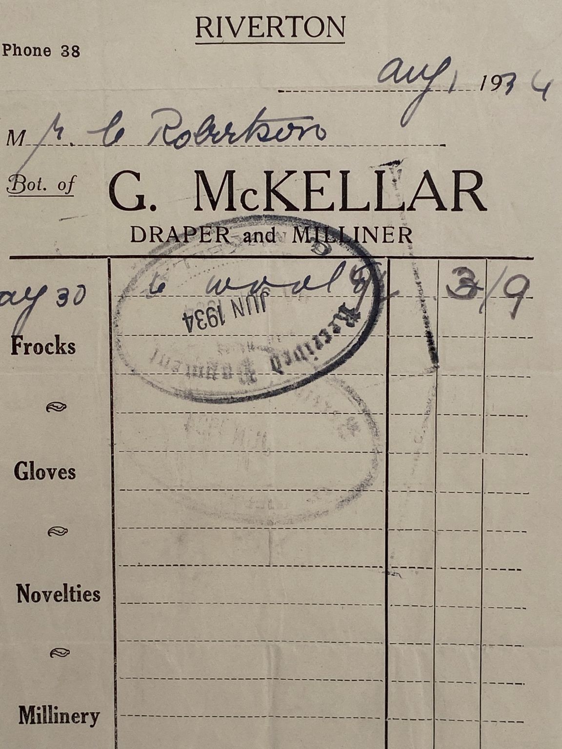 VINTAGE INVOICE: G. McKellar, Riverton – Draper and Milliner 1934