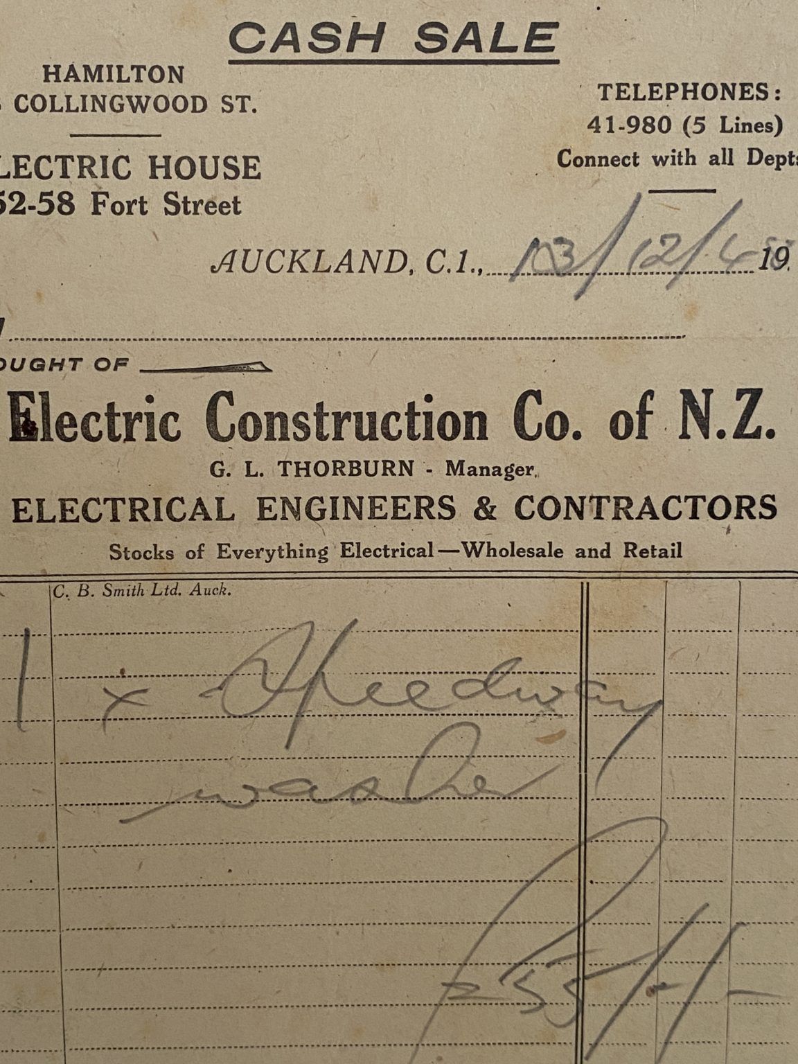 VINTAGE INVOICE: Electric Construction Co. Auckland - Electrical Engineers 1948