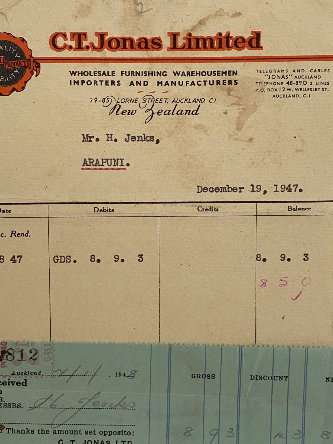 VINTAGE INVOICE: C. T. Jonas Limited, Auckland - Wholesale Warehousemen 1947