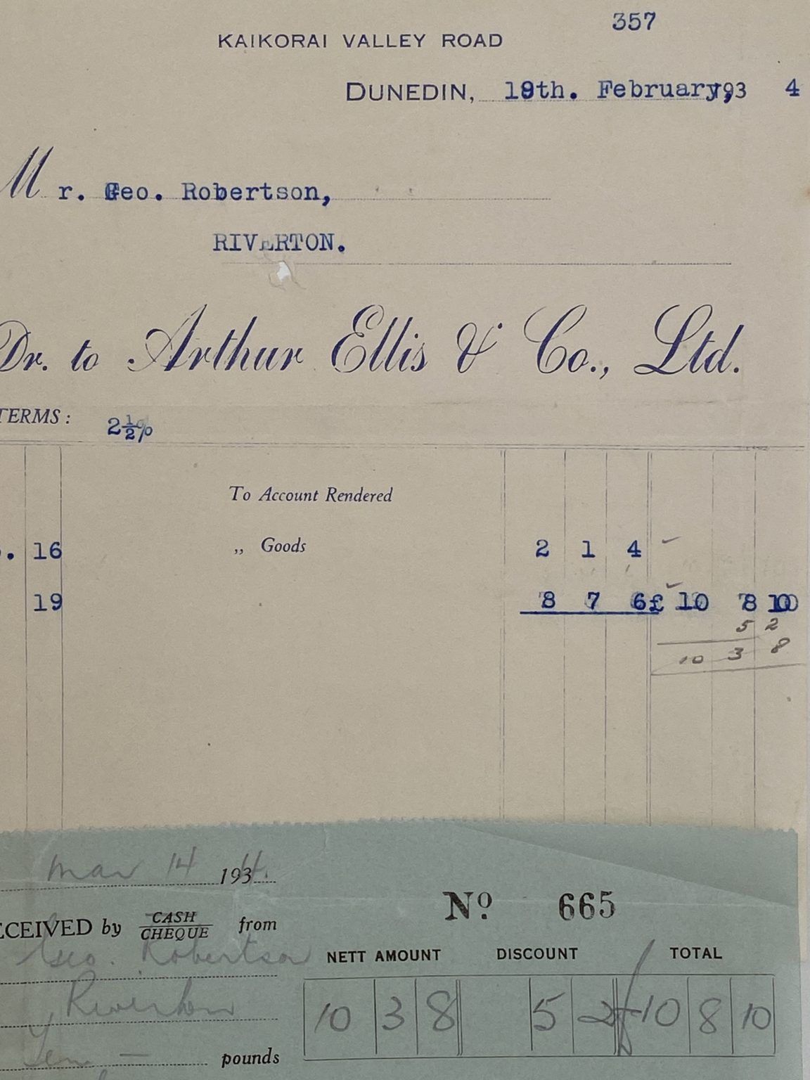 VINTAGE INVOICE: Arthur Ellis & Co. Ltd, Dunedin 1934