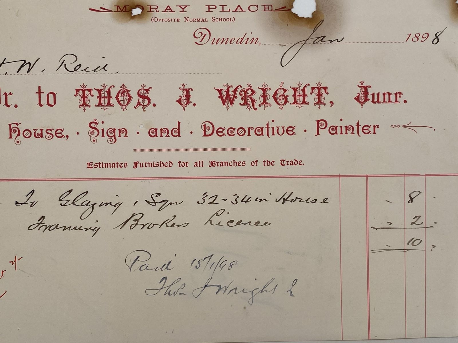 ANTIQUE INVOICE: Thos. J Wright, Junr, Dunedin – Painter and Paperhanger 1899