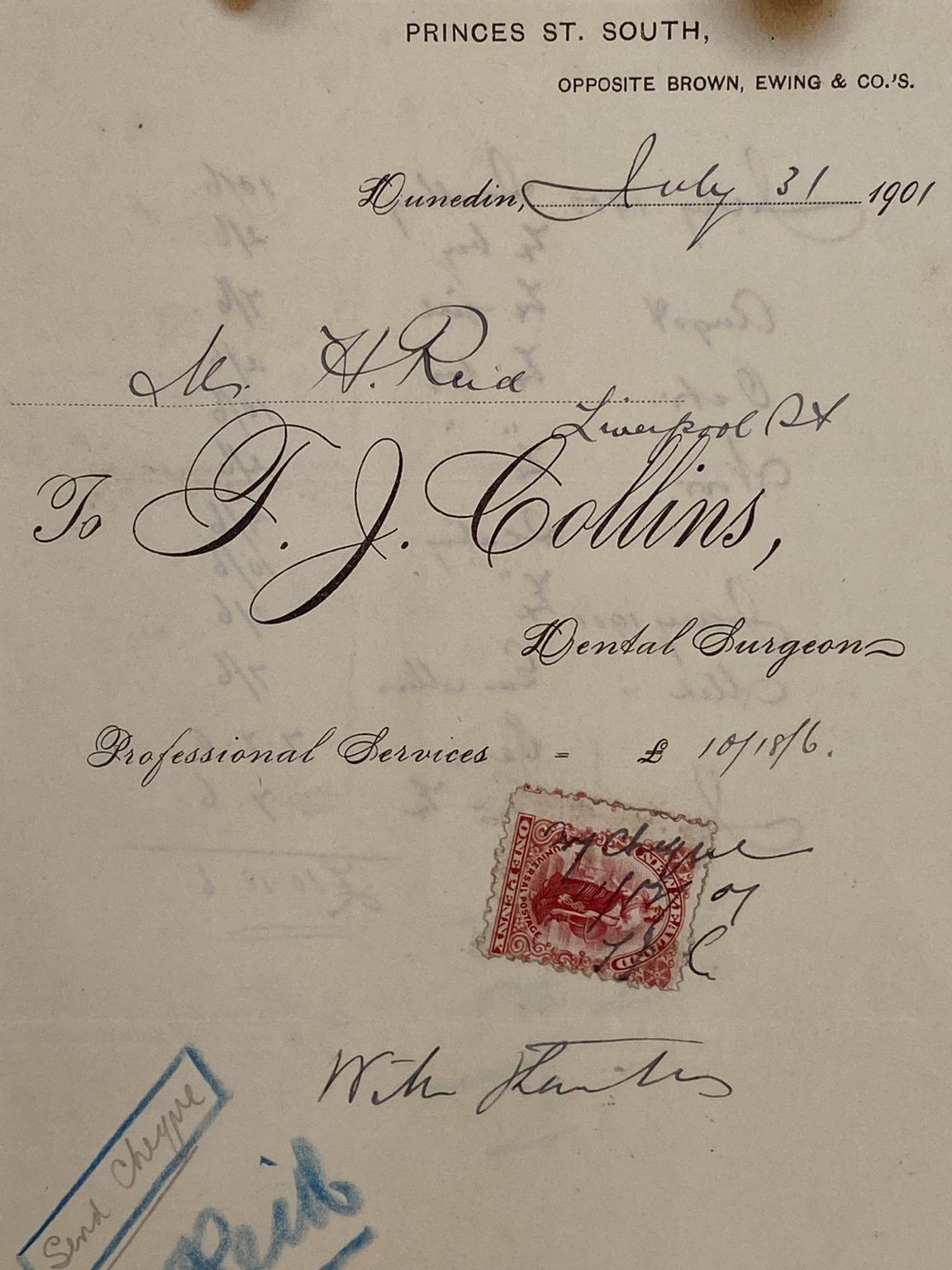 ANTIQUE INVOICE: T. J. Collins, Dunedin - Dental Surgeon 1901