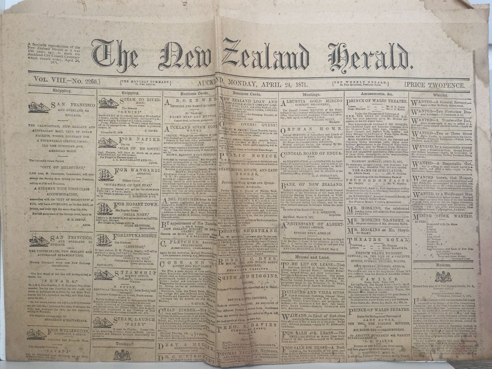 OLD NEWSPAPER: The New Zealand Herald - 24 April 1871, Vol 3. No 2260.