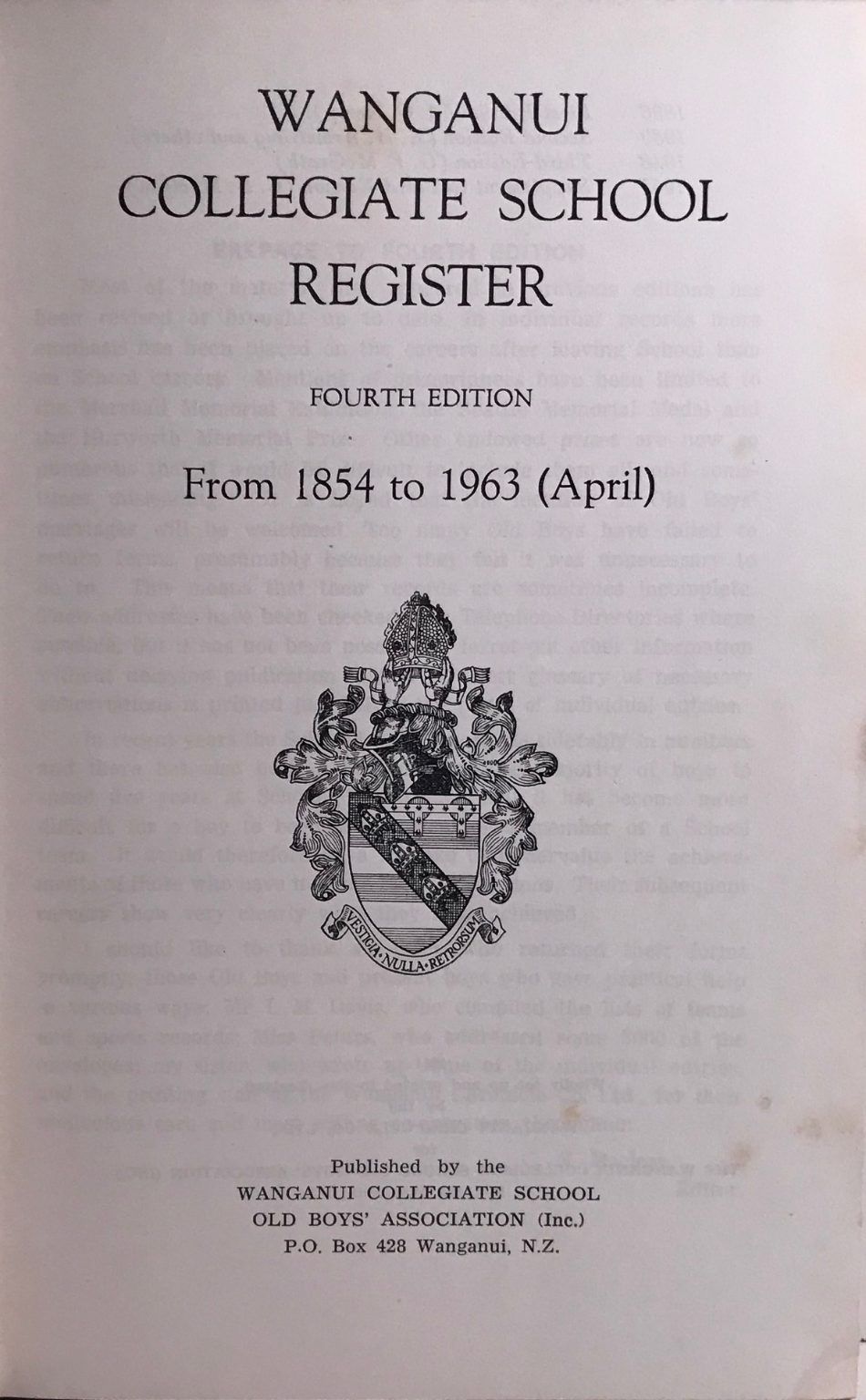 WANGANUI COLLEGIATE School Register 1854 - 1963 4th edition