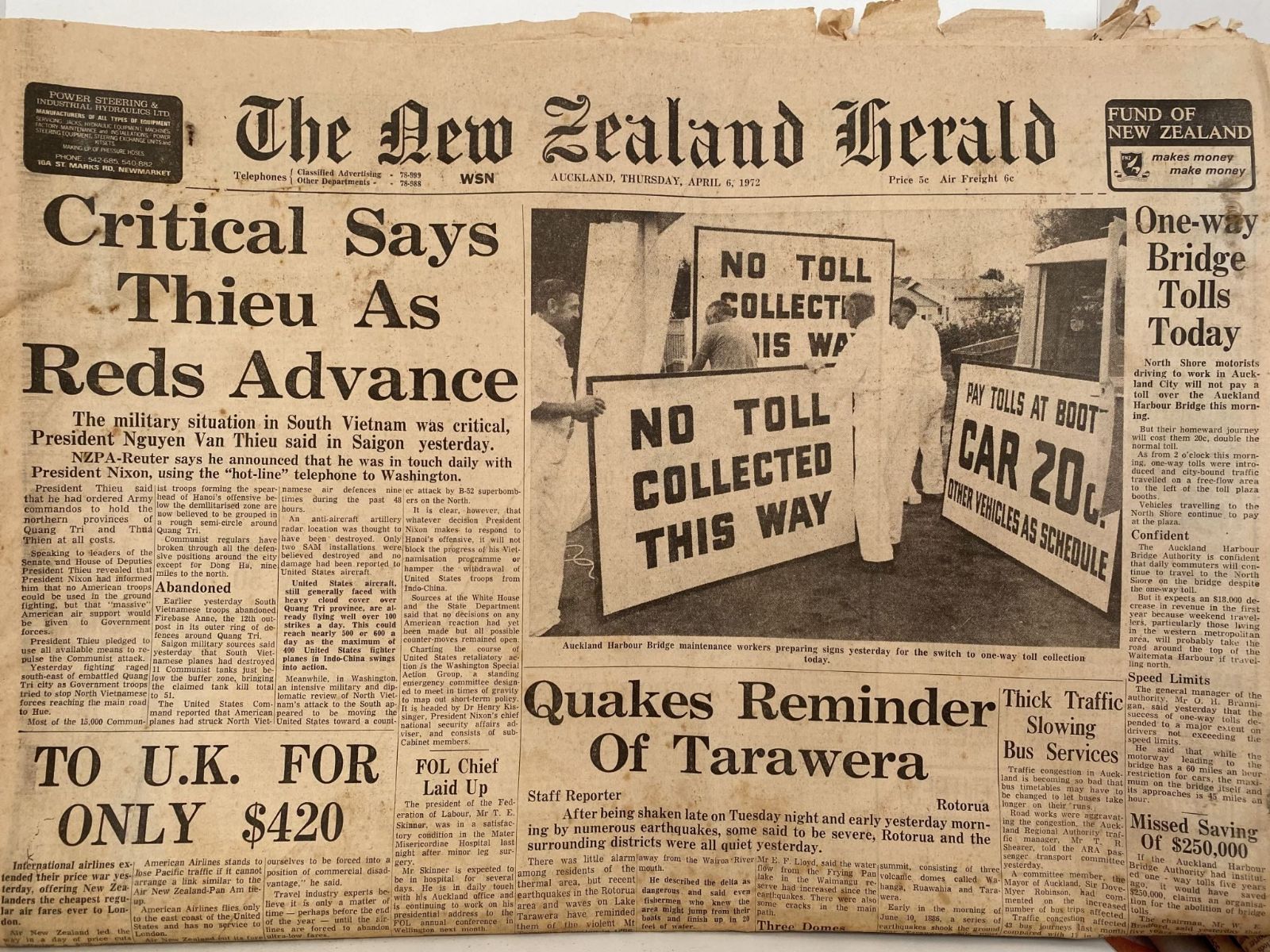 Old Newspaper The New Zealand Herald 6 April 1972 Vietnam War