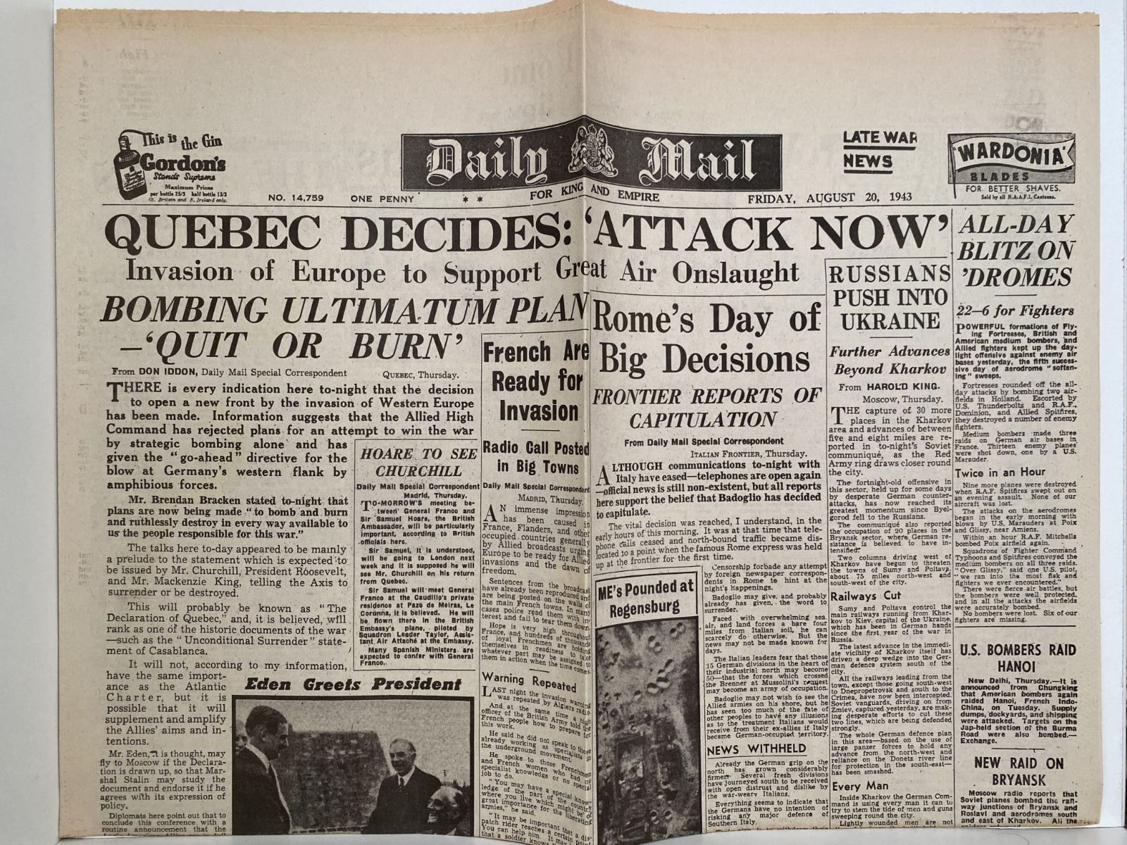 OLD WARTIME NEWSPAPER: Daily Mail, Friday 20th August 1943