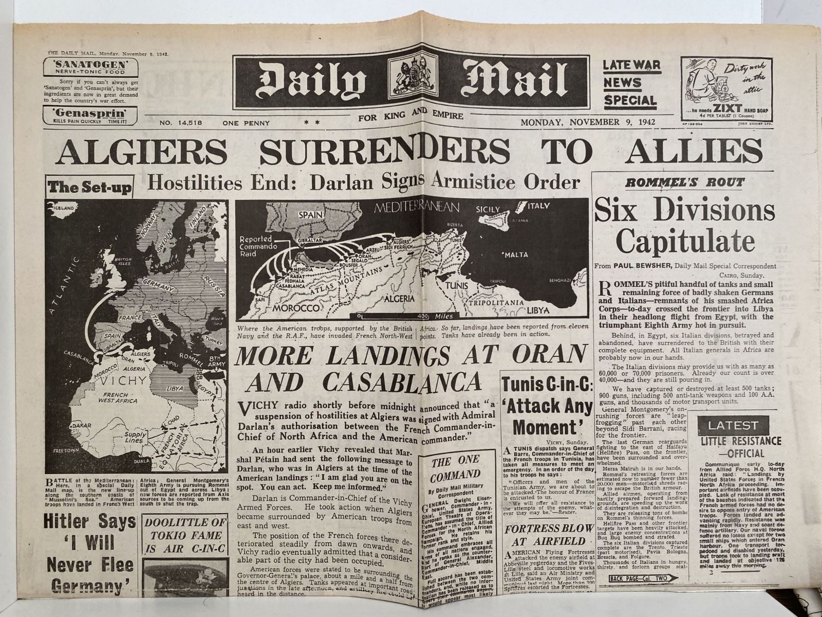 OLD WARTIME NEWSPAPER: Daily Mail, Monday 9th November 1942