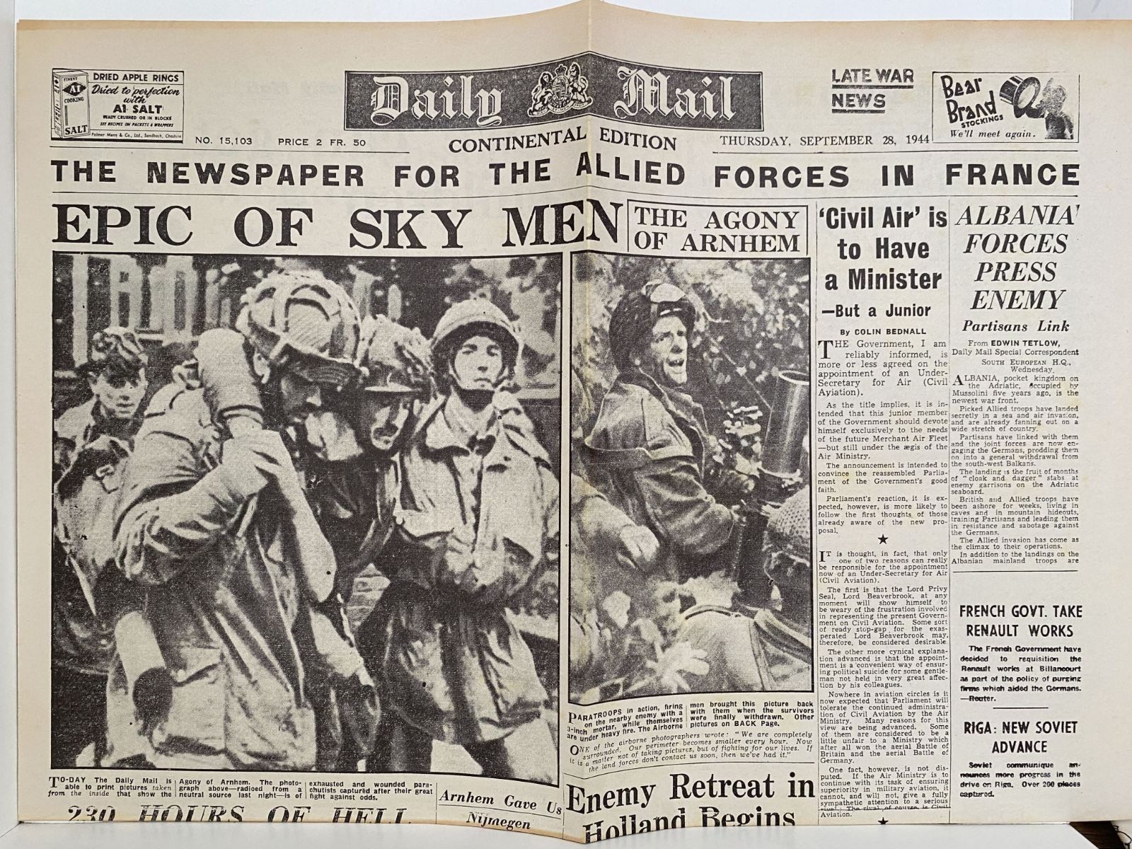OLD WARTIME NEWSPAPER: Daily Mail, Thursday 28th September 1944