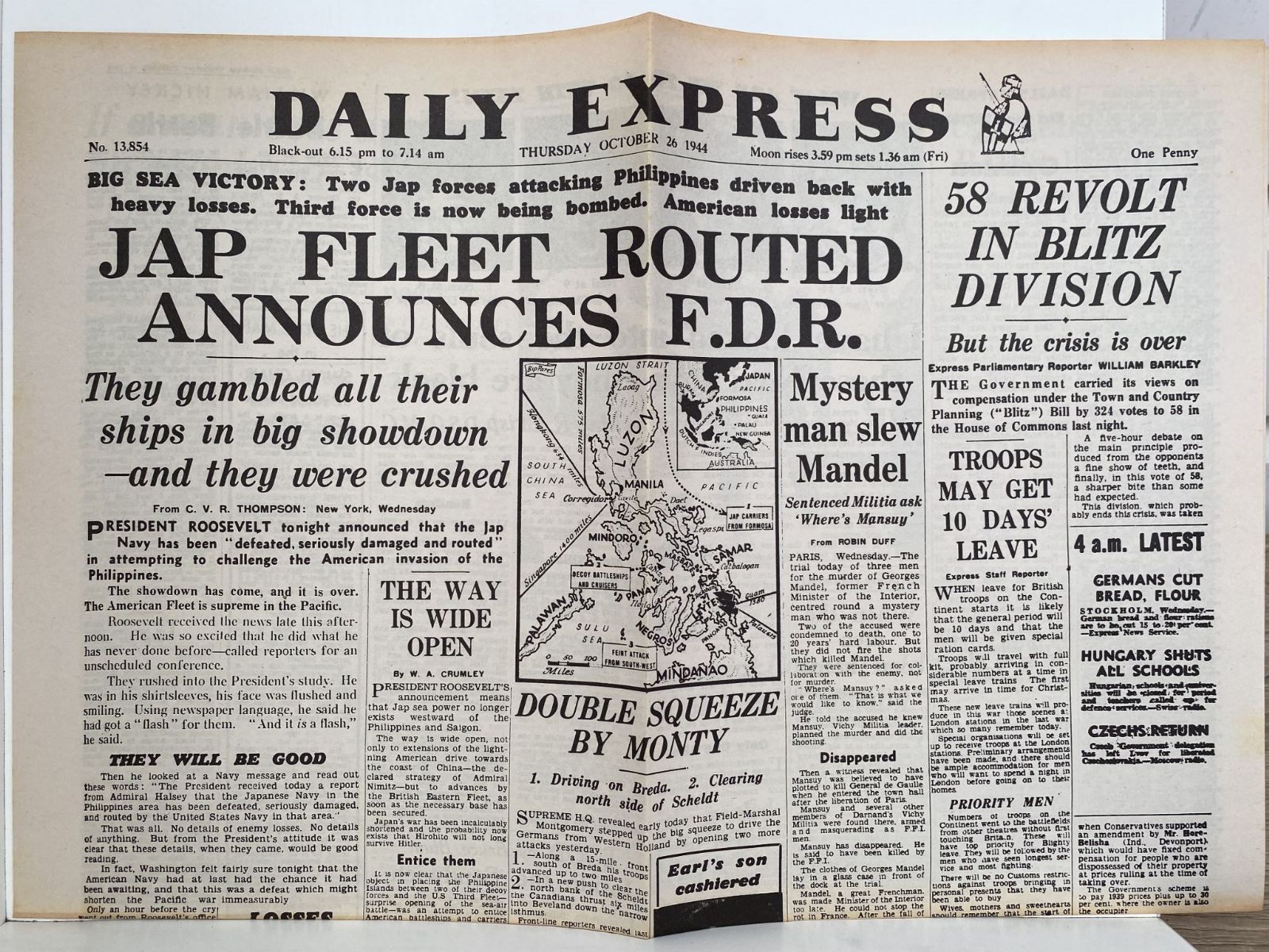 OLD WARTIME NEWSPAPER: Daily Express, Thursday 26 October 1944