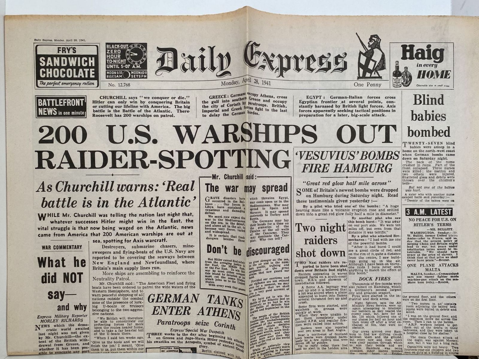 OLD WARTIME NEWSPAPER: Daily Express, Monday 28th April 1941