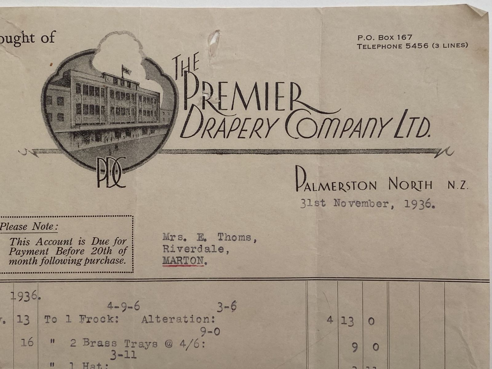 OLD INVOICE: The Premier Drapery Company Ltd. P North 1936