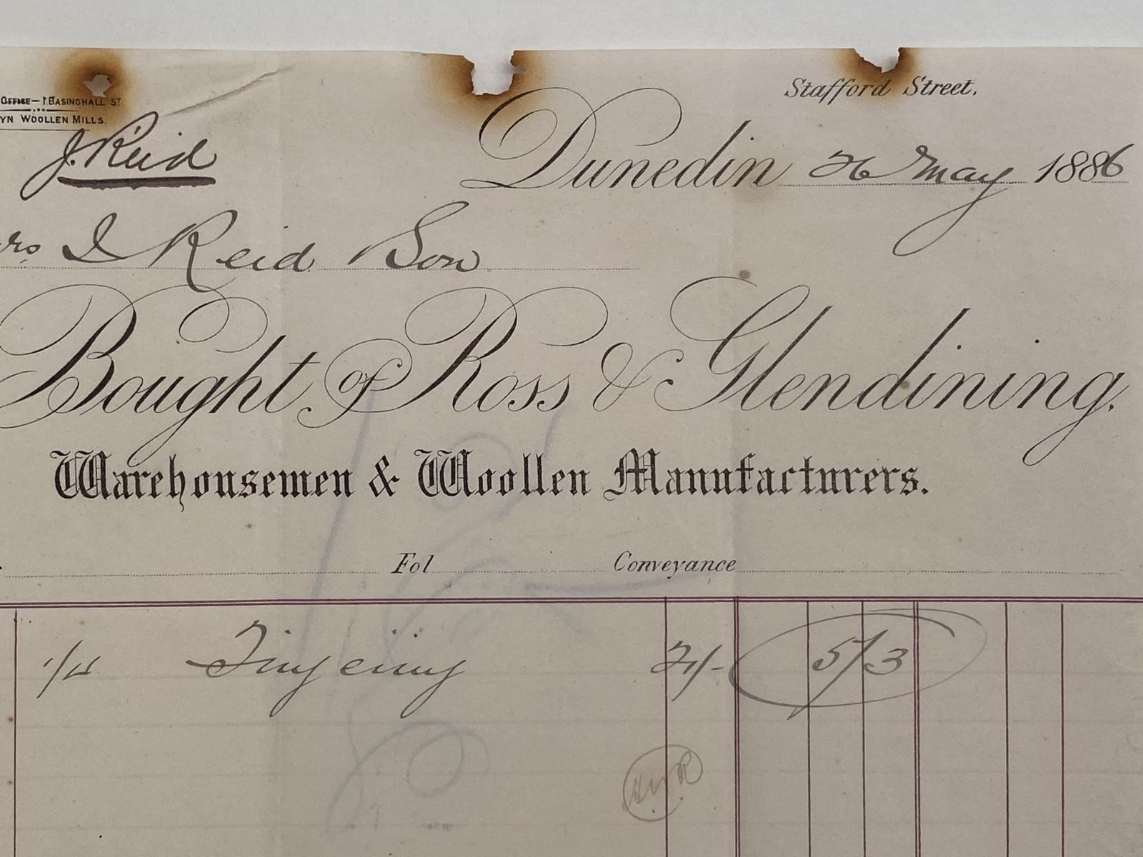 OLD INVOICE: Ross Glendining Ltd - Warehousmen & Woolens. Dunedin 1886 (136 yo)