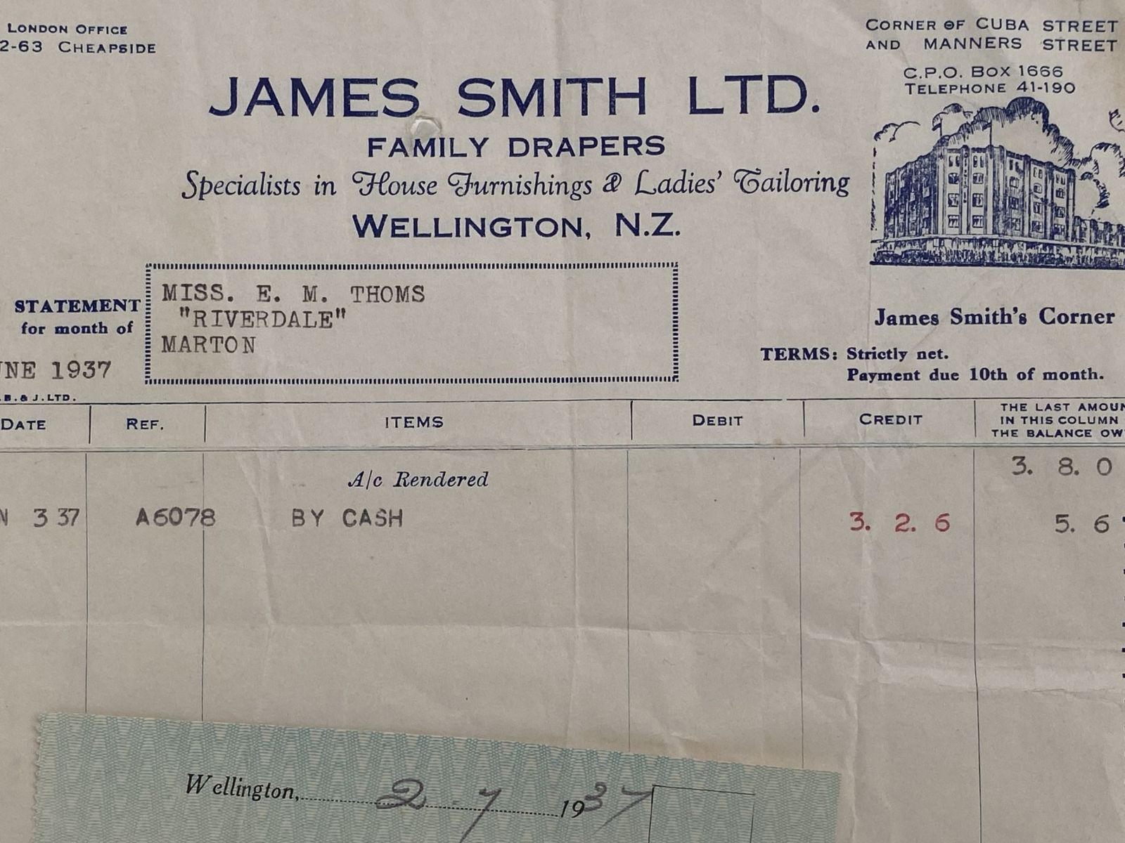 OLD INVOICE/RECEIPT: James Smith - Family Drapers, Wellington 1937
