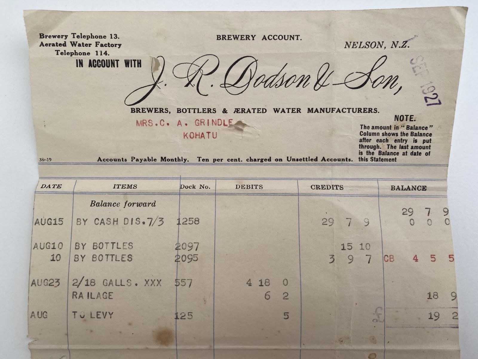 OLD INVOICE / RECEIPT: J. R Dodson & Son - Brewers & Bottlers, Nelson 1927