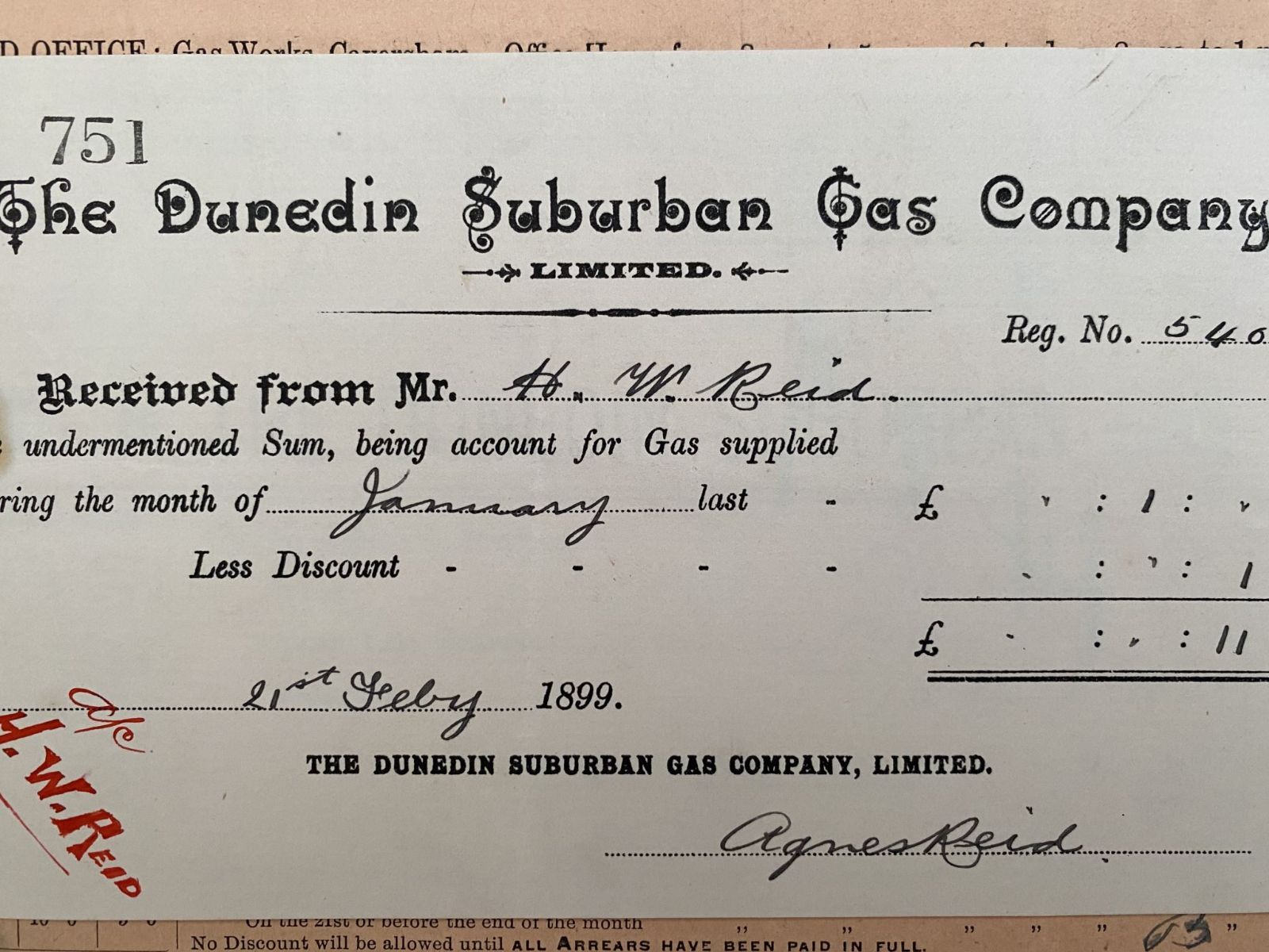 ANTIQUE INVOICE / RECEIPT: Dunedin Suburban Gas Co. 1899