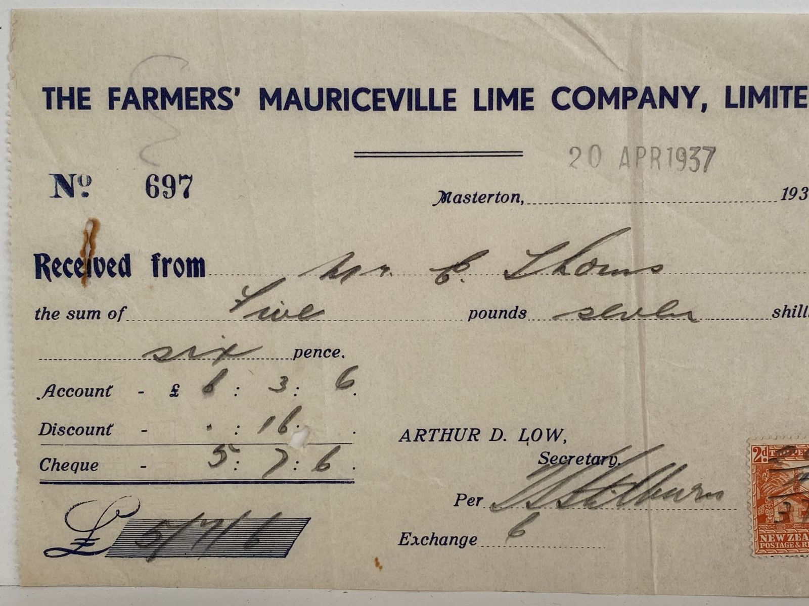 OLD INVOICE / RECEIPT: The Farmers Mauriceville Lime Company, Masterton 1937