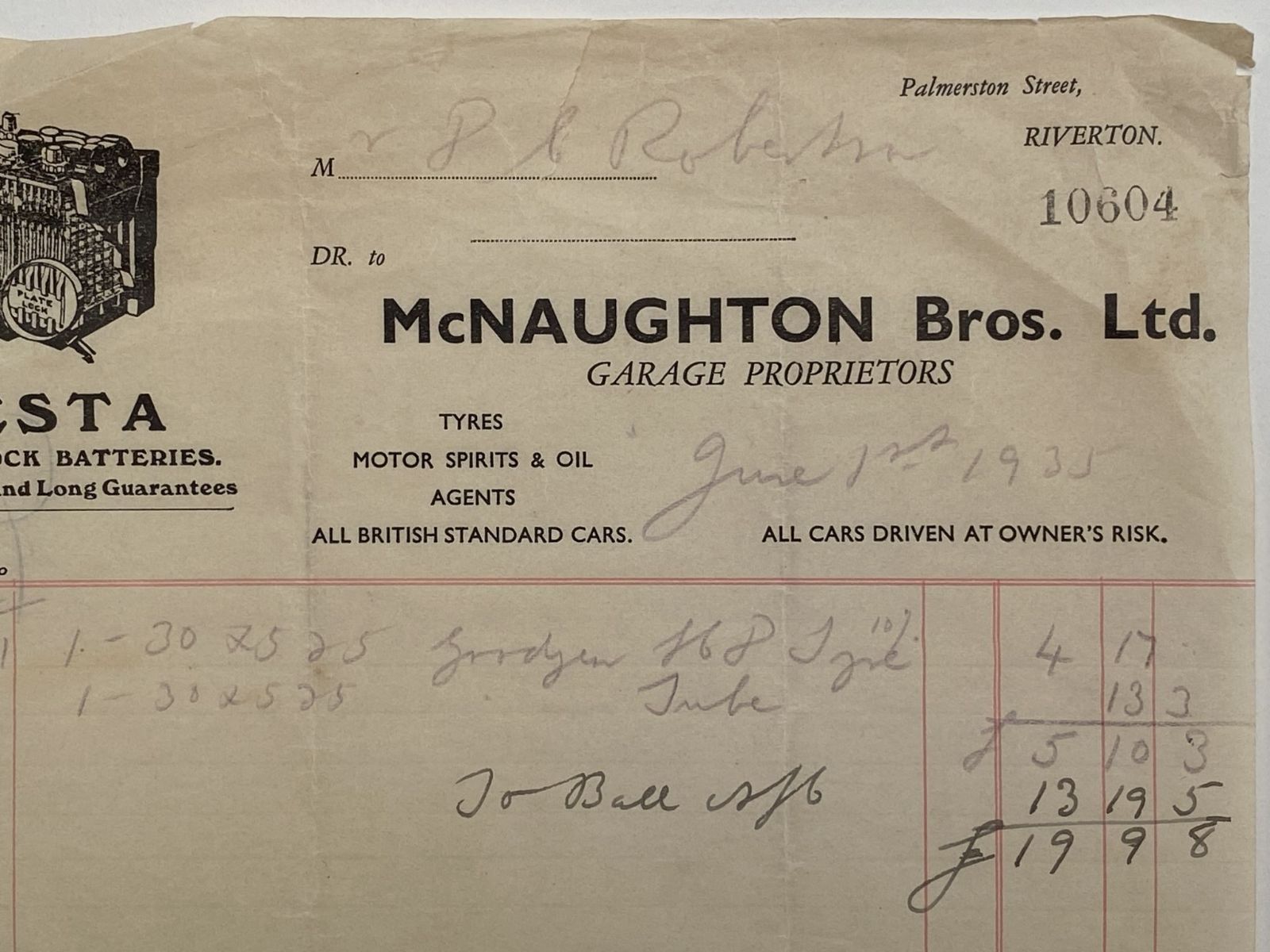 OLD INVOICE / RECEIPT: McNaughton Bros. Ltd, Riverton 1933