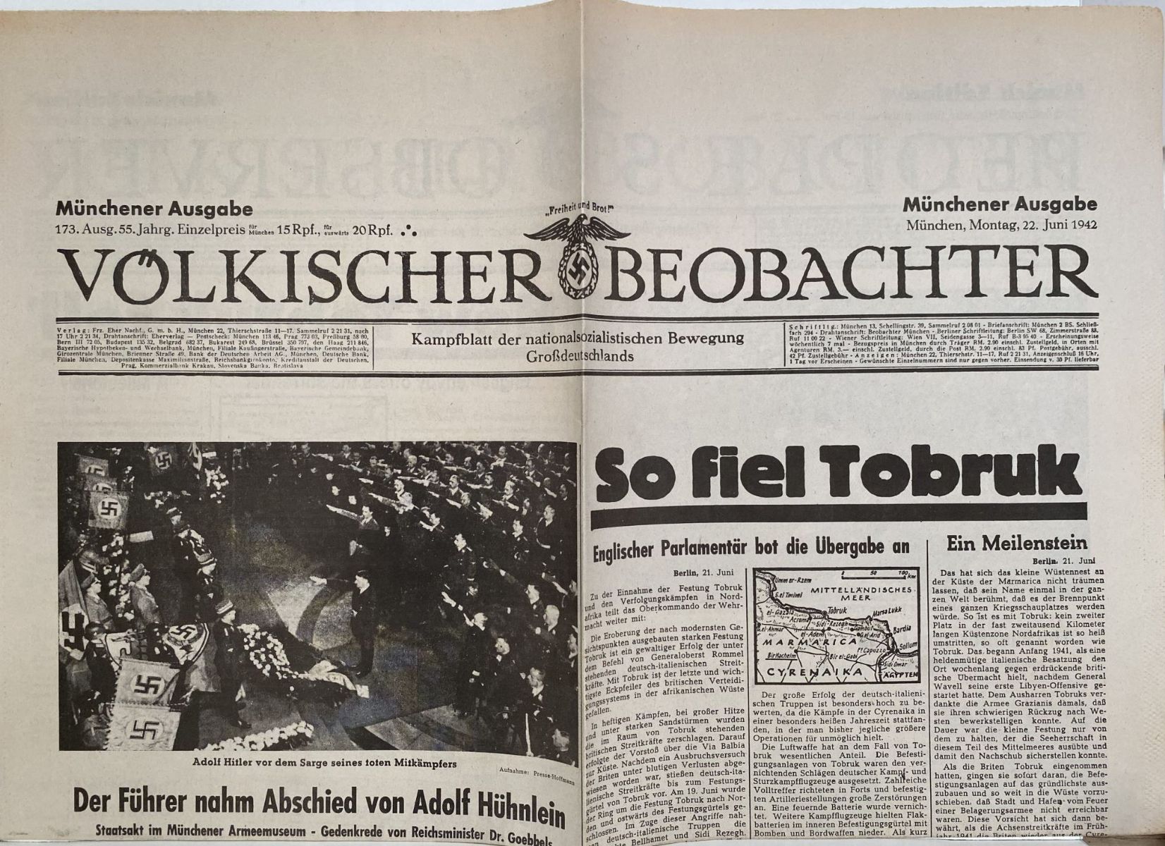 OLD WARTIME NEWSPAPER: Volkischer Beobachter, Monday 22nd June 1942