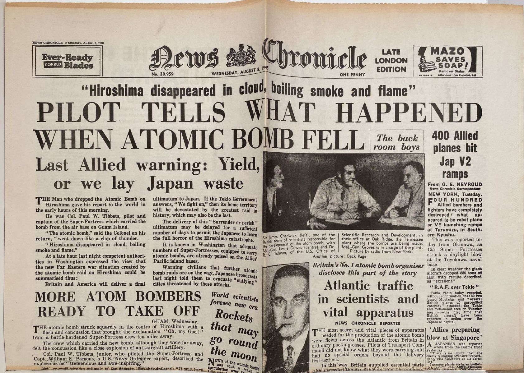 OLD WARTIME NEWSPAPER: News Chronicle, Wednesday 8th August 1945