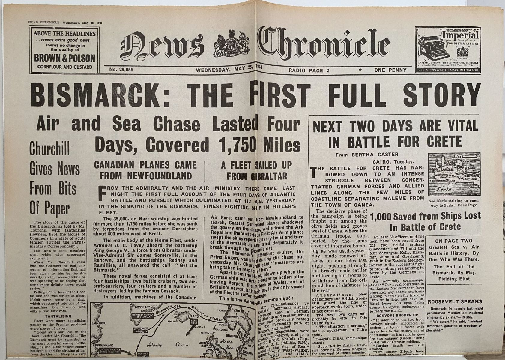 OLD WARTIME NEWSPAPER: News Chronicle, Wednesday 28th May 1941