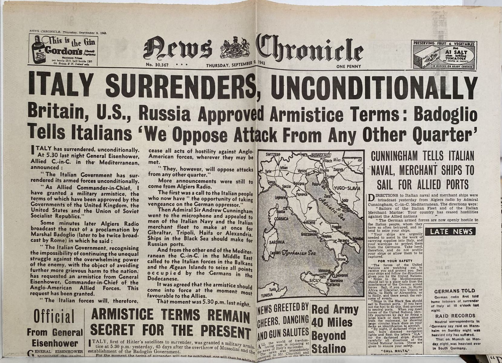 OLD WARTIME NEWSPAPER: News Chronicle, Thursday 9th September 1943