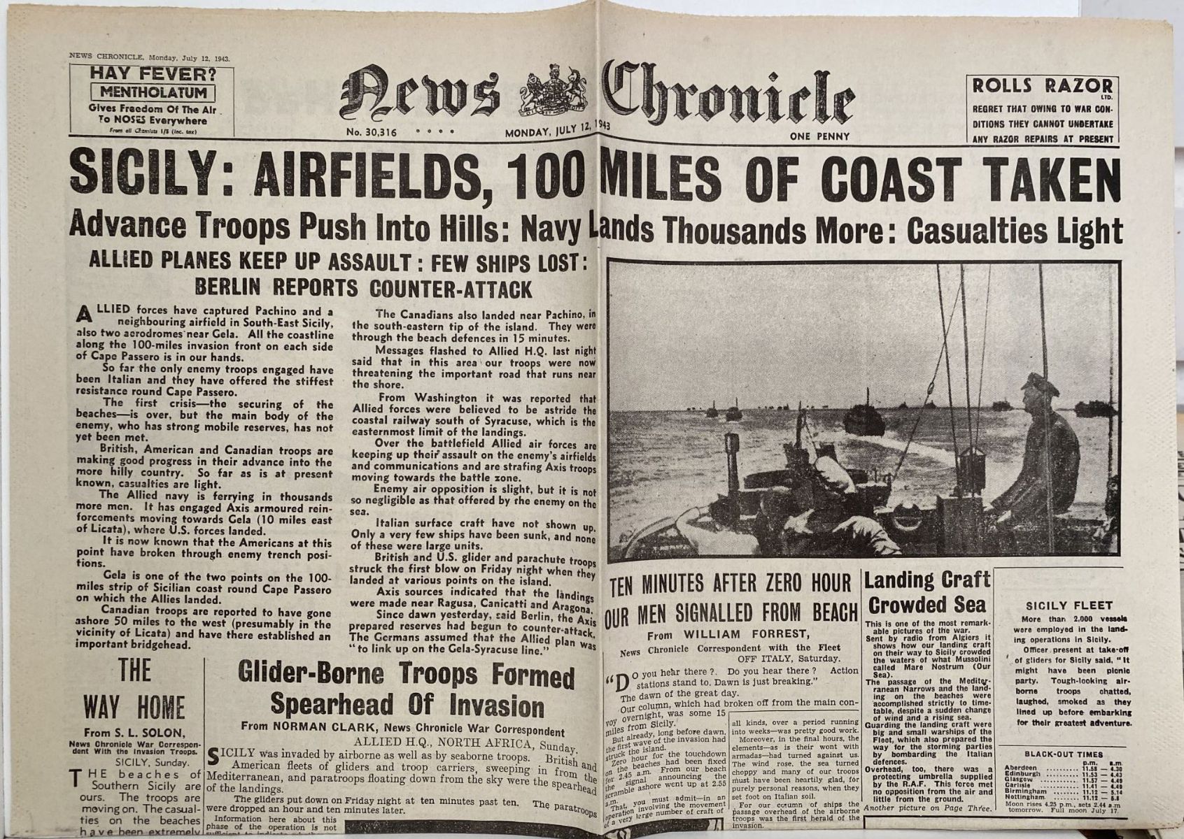 OLD WARTIME NEWSPAPER: News Chronicle, Monday 12th July 1943