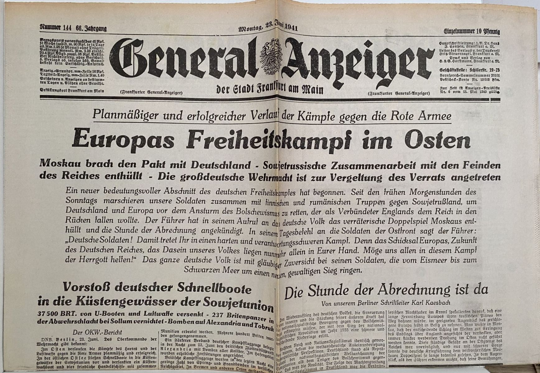OLD WARTIME NEWSPAPER: General Anzeiger, Monday 23rd June 1941
