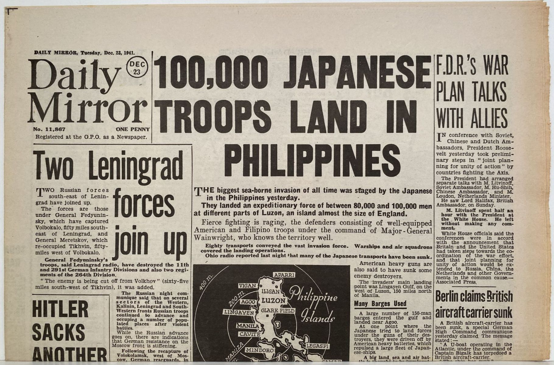 OLD WARTIME NEWSPAPER: Daily Mirror, Tuesday 23rd December 1941