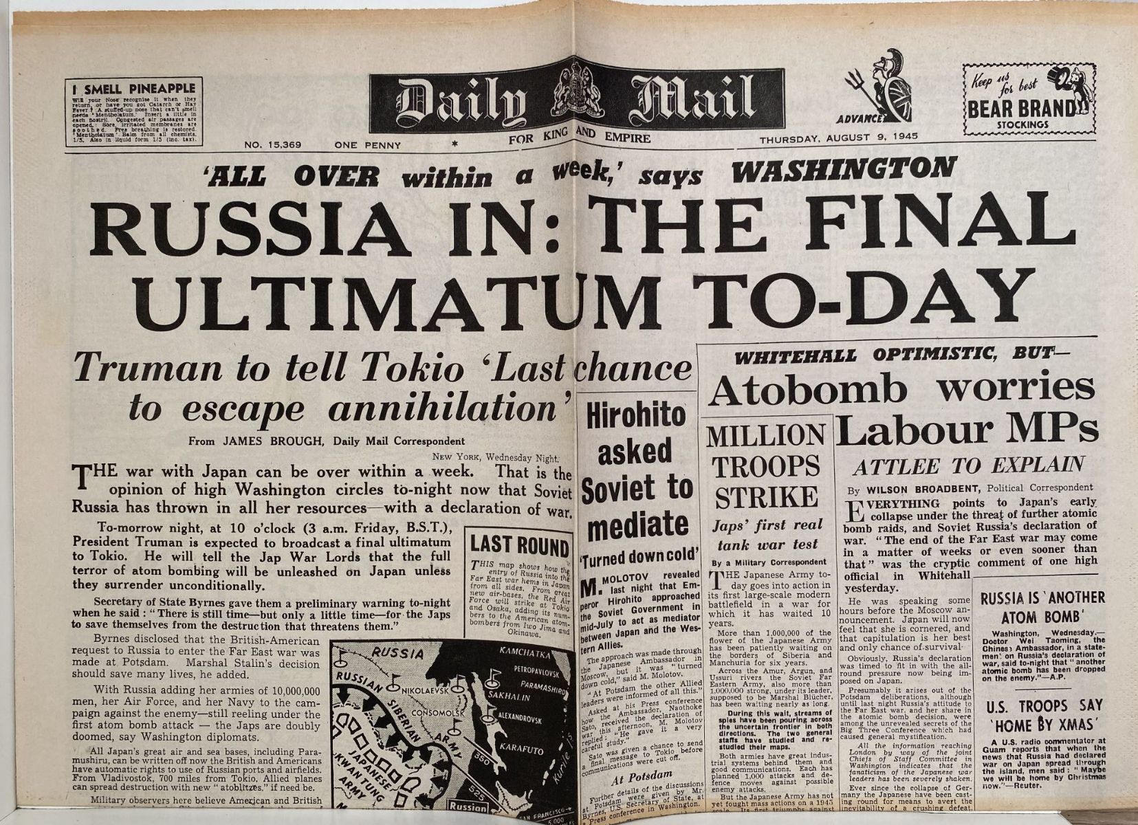 OLD WARTIME NEWSPAPER: Daily Mail, Thursday 9th August 1945