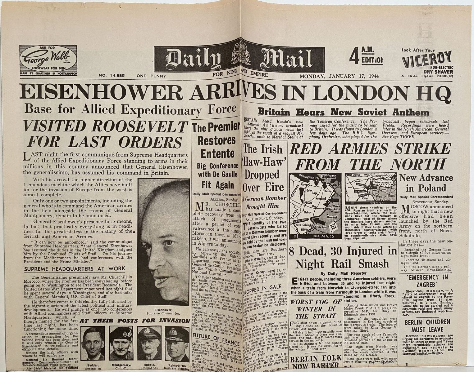 OLD WARTIME NEWSPAPER: Daily Mail, Monday 17th January 1944