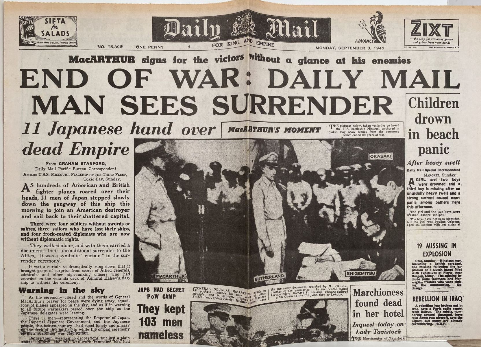 OLD WARTIME NEWSPAPER: Daily Mail, Monday 3rd September 1945