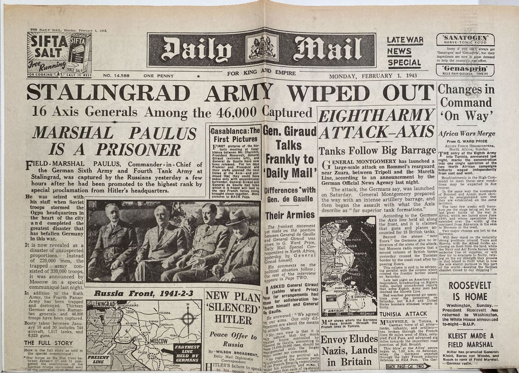 OLD WARTIME NEWSPAPER: Daily Mail, Monday 1st February 1943