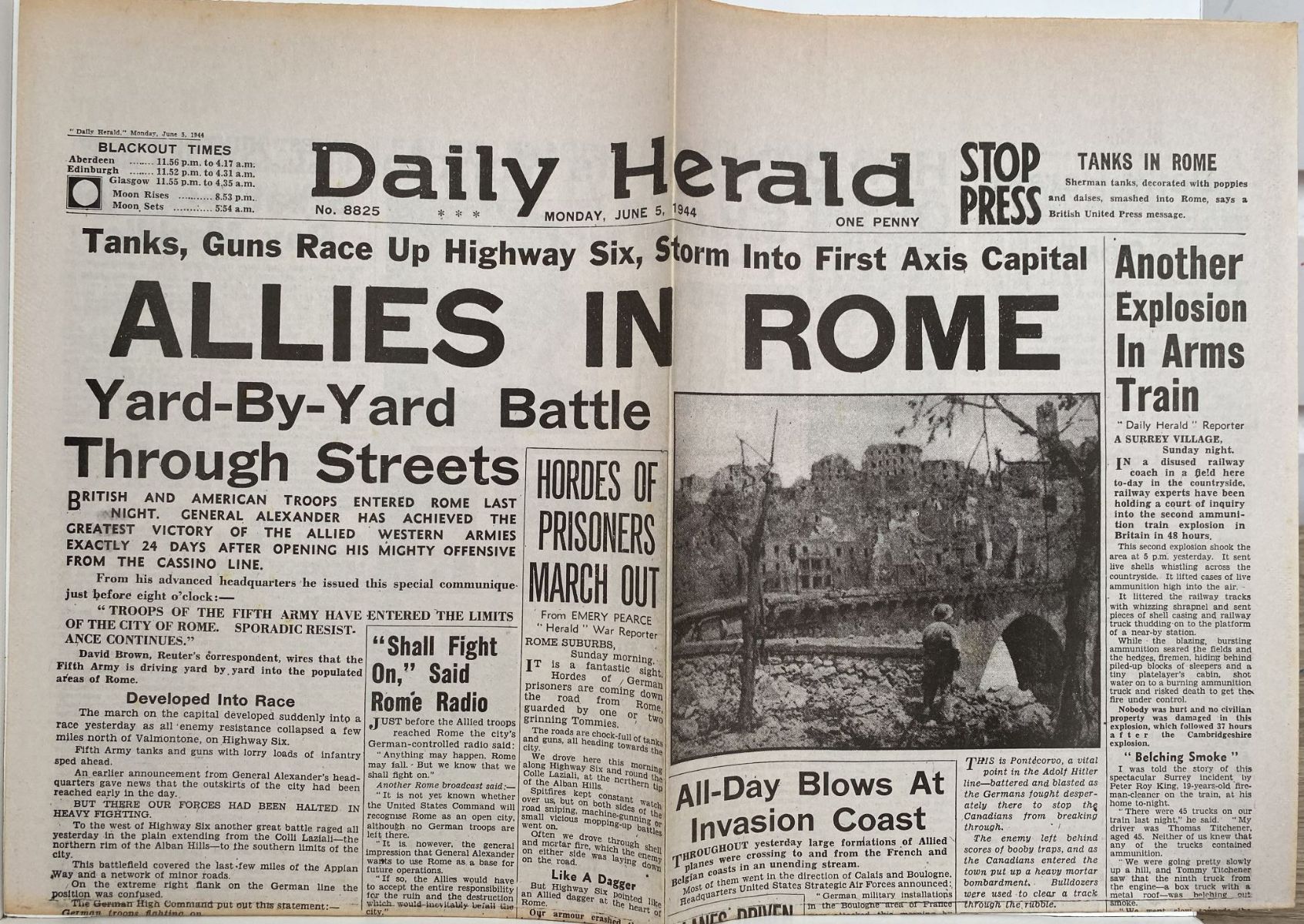 OLD WARTIME NEWSPAPER: Daily Herald, Monday 5th June 1944