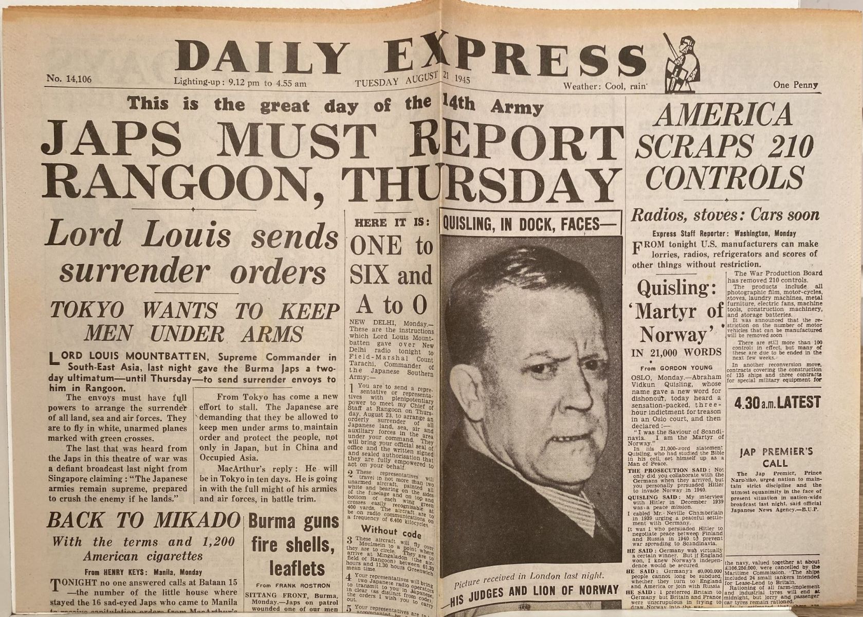 OLD WARTIME NEWSPAPER: Daily Express, Tuesday 21st August 1945